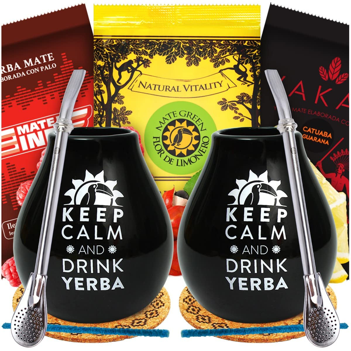 Set da tè Yerba Mate per due 150G | Tè Mate al guaranà e frutta | Tè Yerba Mate a foglie sfuse | Tazza in ceramica nera opaca da 350 ml | Paglia in acciaio Bombilla Liza 19 cm