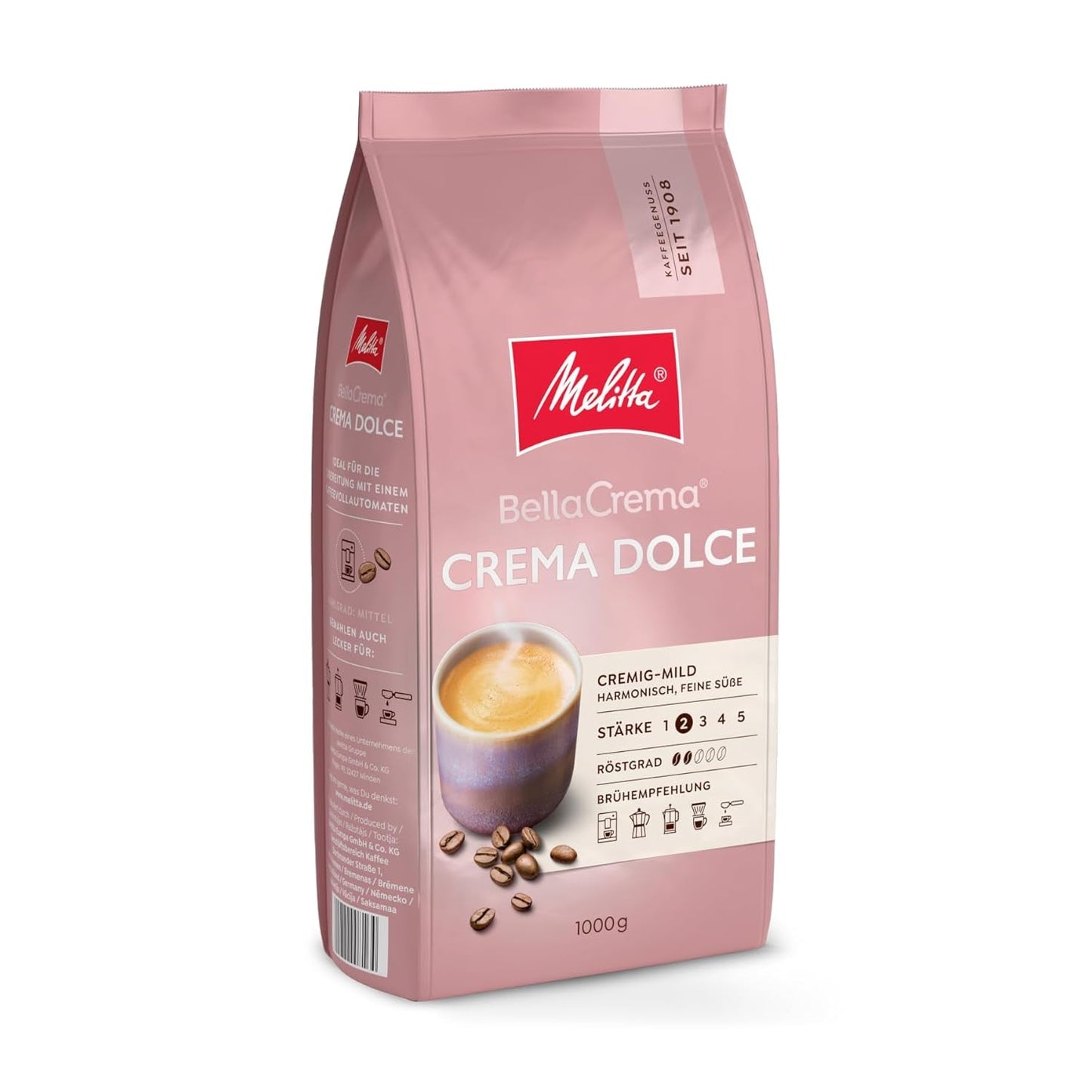 Melitta BellaCrema Crema Dolce chicchi di caffè 1 kg, non macinato, chicchi di caffè per macchine da caffè completamente automatiche, leggermente tostato, tostato in Germania, intensità 2
