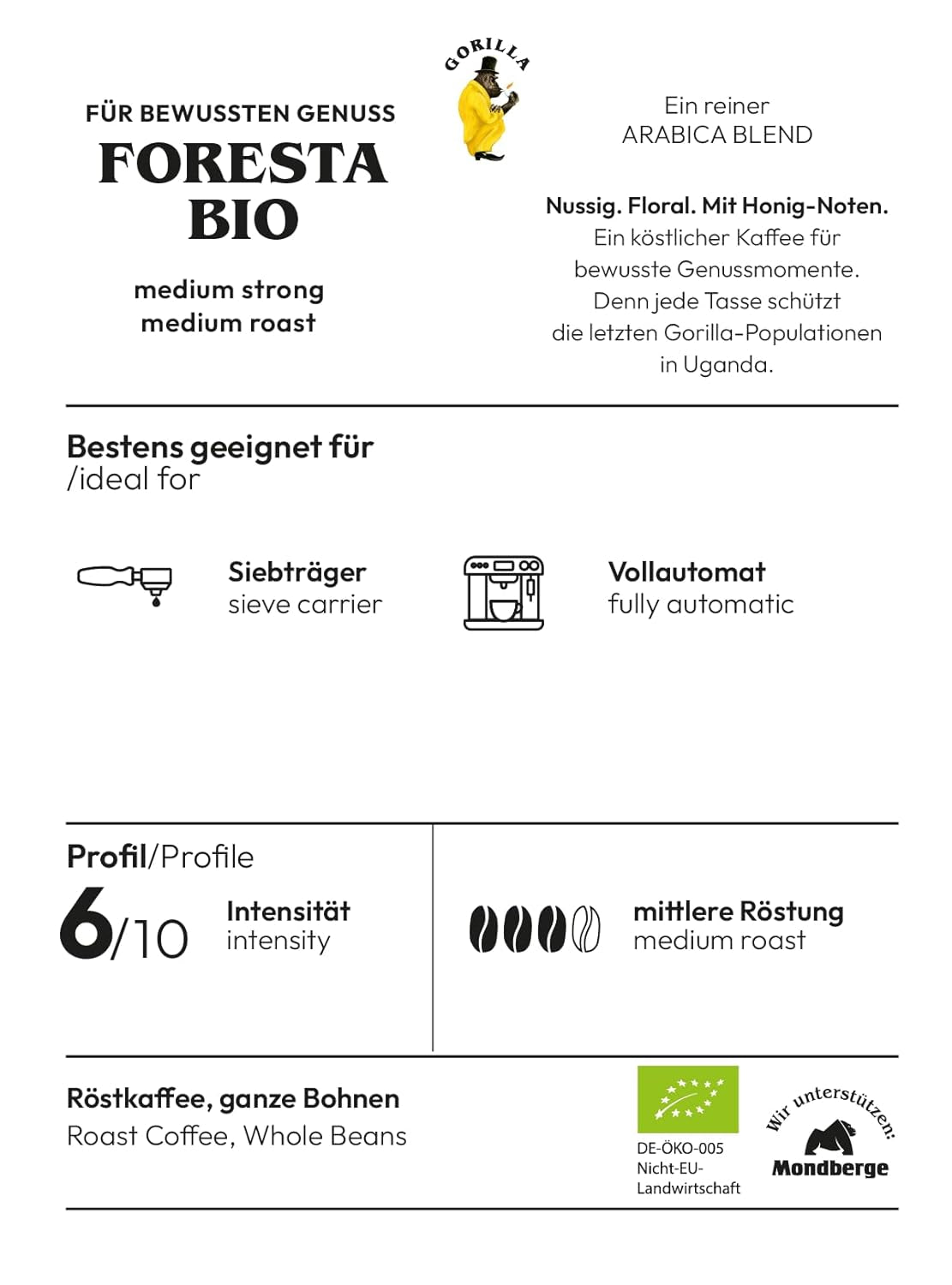 Joerges Foresta caffè 1000g chicchi interi tostati | Miscela Arabica di qualità | Per macchine da caffè portafiltro e completamente automatiche | Espresso