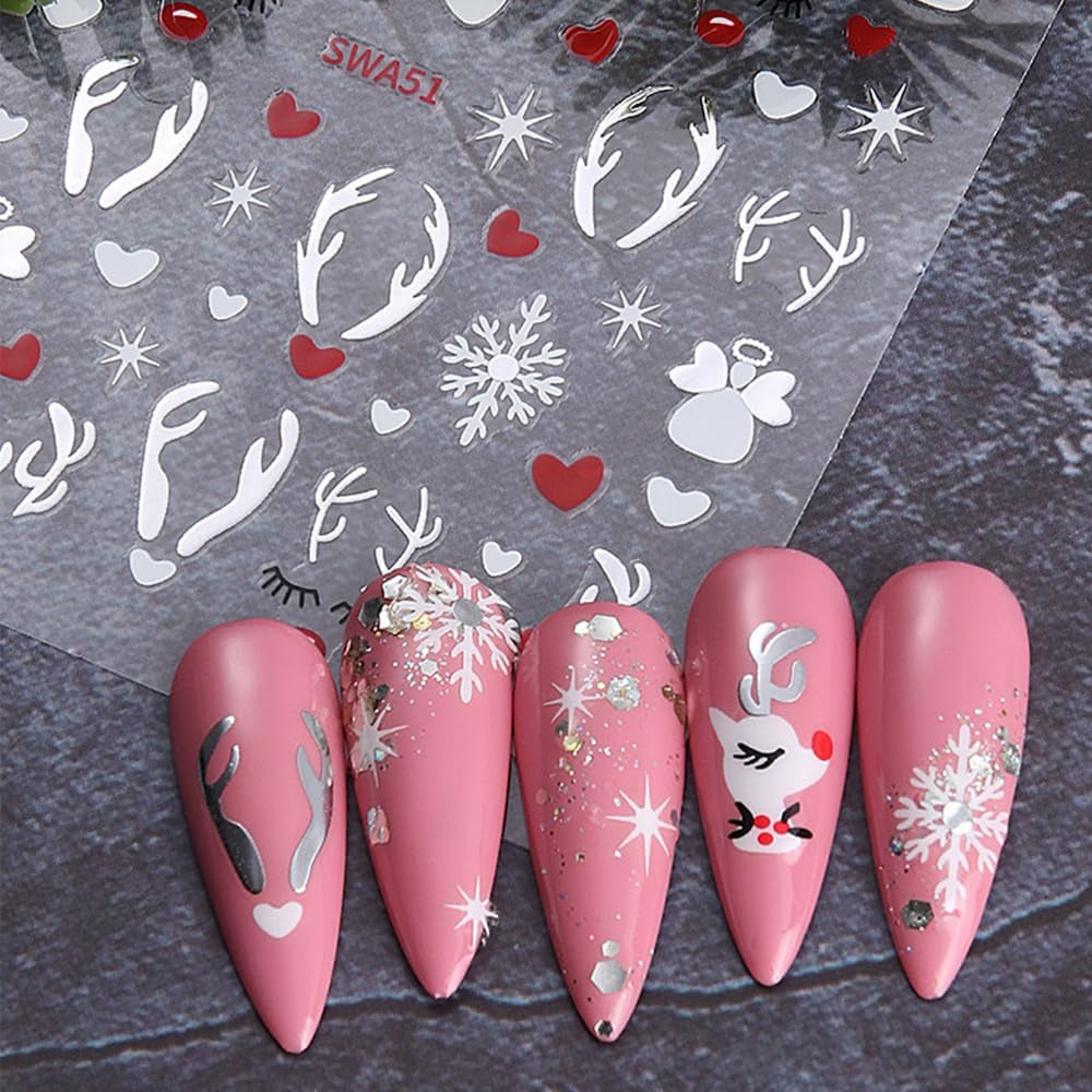Adesivi per unghie con fiocchi di neve cartoni animati, Adesivi per unghie di Natale, Autoadesivi, Disegni per unghie di Natale, Nail art, Cervo, Fiocchi di neve, Adesivi per unghie di Natale, Accessori per unghie invernali