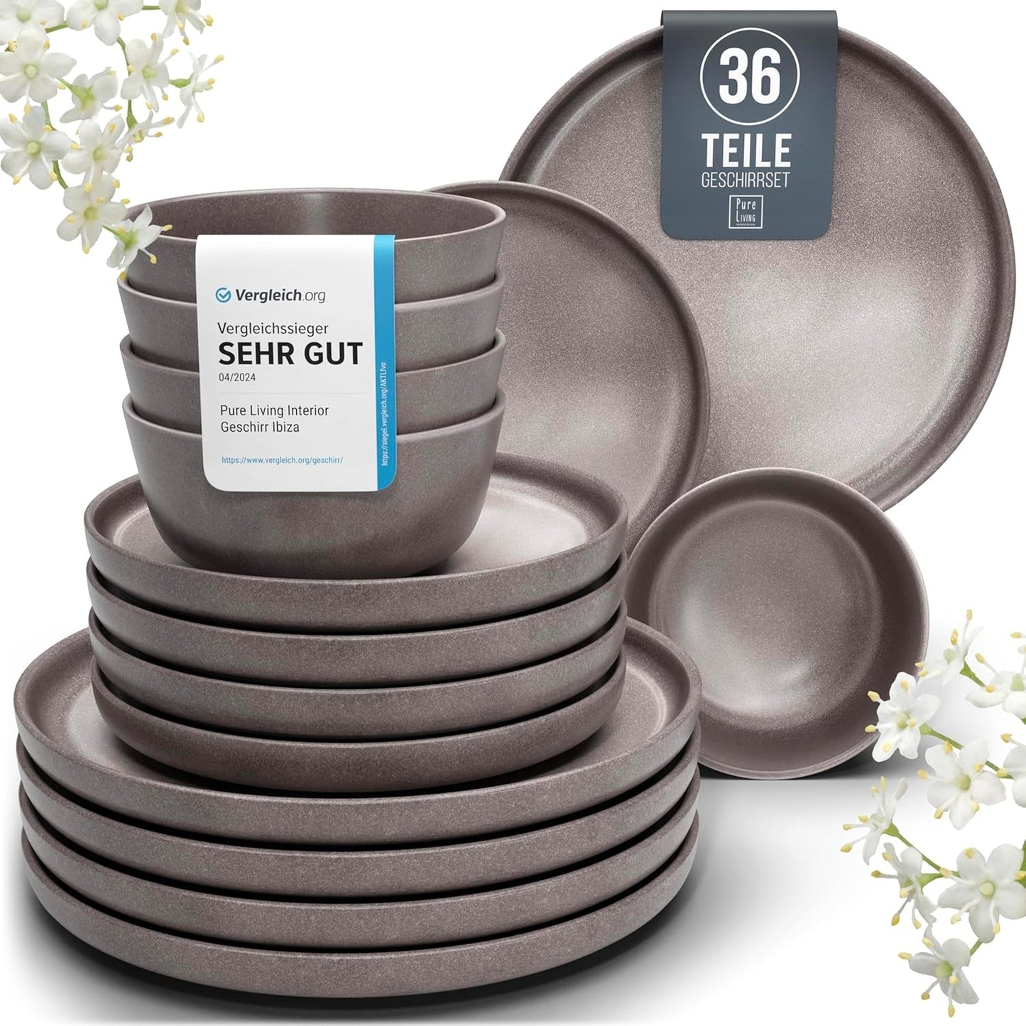 Set di stoviglie in gres per 12, 36 pezzi, stile urbano, alta qualità, TEST MOLTO BUONO, Set di stoviglie in gres - Set di ciotole e piatti - Servizio da tavola per 12, Set di stoviglie Pure Living in grigio-marrone opaco