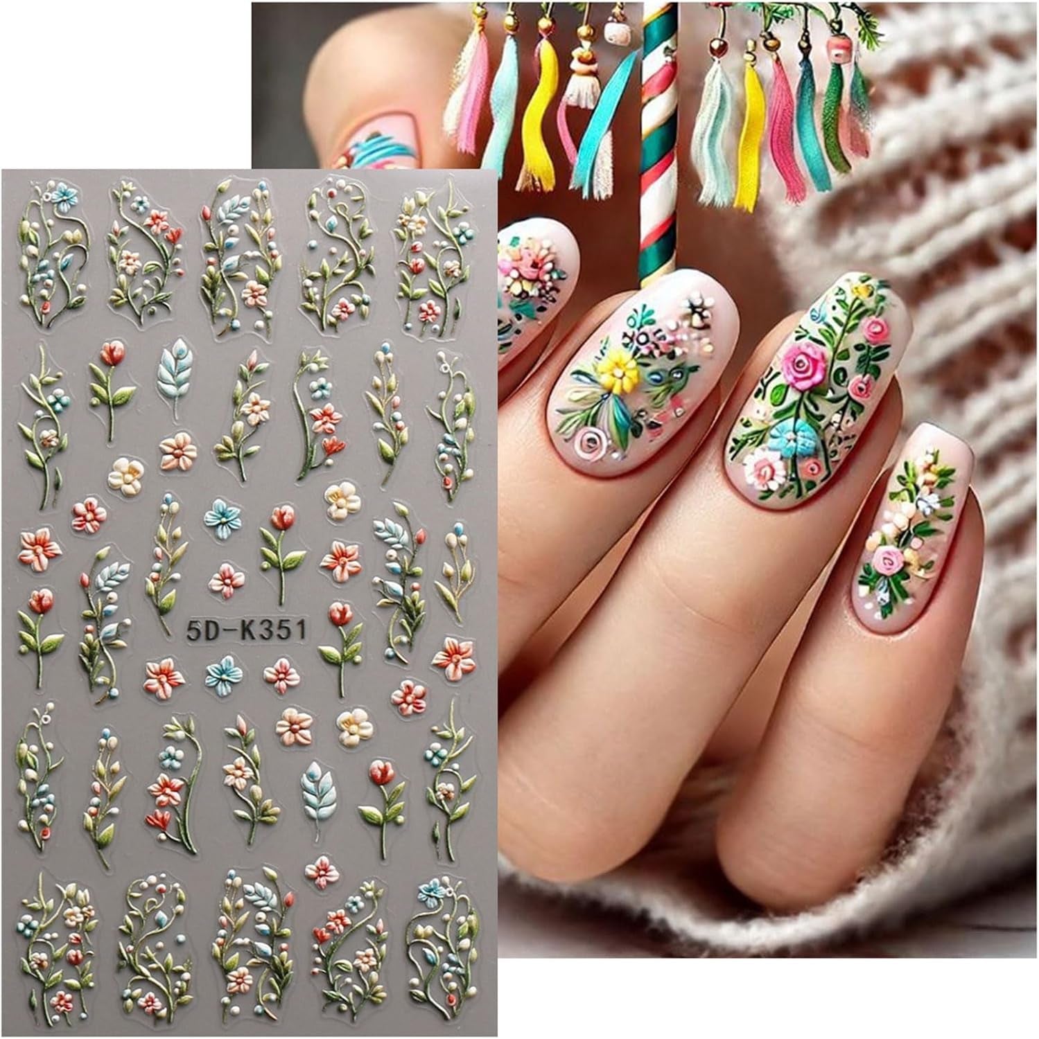 JMEOWIO 3D Nagelsticker Blumen Nail Art Sticker Self-klebend Nagelaufkleber 5D Stereoscopico Herbst Blumen Dekoration Nageldesign Zubehör 4 Blatt