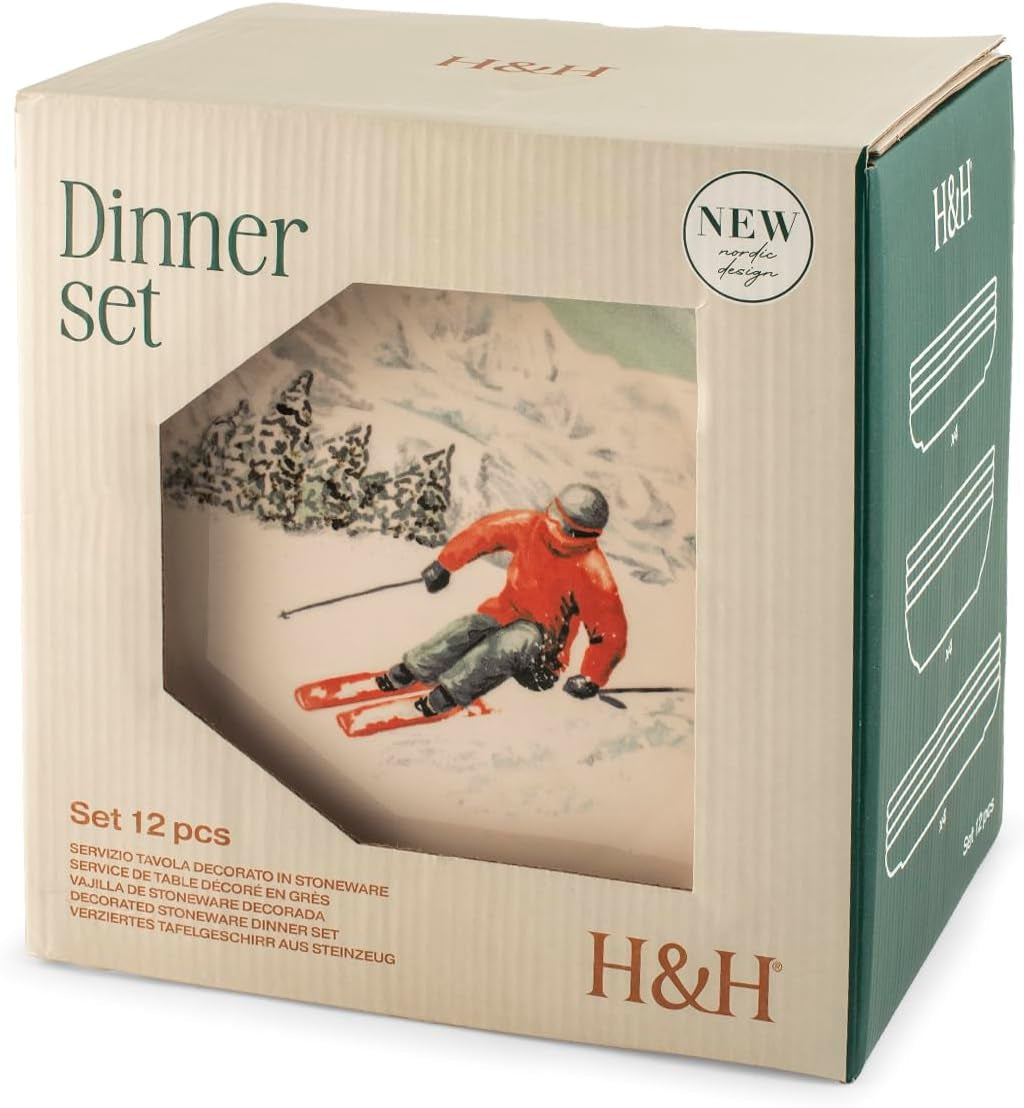 Winter Escape Set di stoviglie natalizie in gres da 12 pezzi - Design nordico da sciatore invernale - Lavabile in lavastoviglie e adatto al microonde