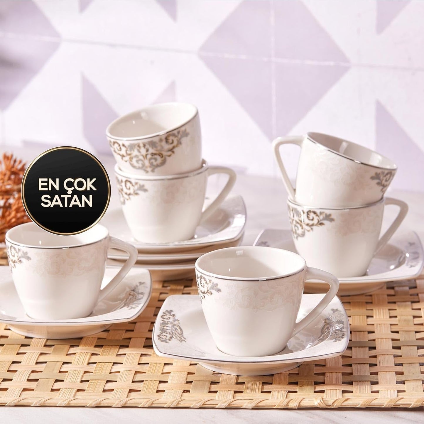 KARACA Set di tazze da caffè in porcellana Nazende - Tazze da caffè turche con piattini da 80 ml, Servizio da caffè moderno da 12 pezzi con 6 tazze da caffè e 6 piattini, Tazze da moka - Bianco