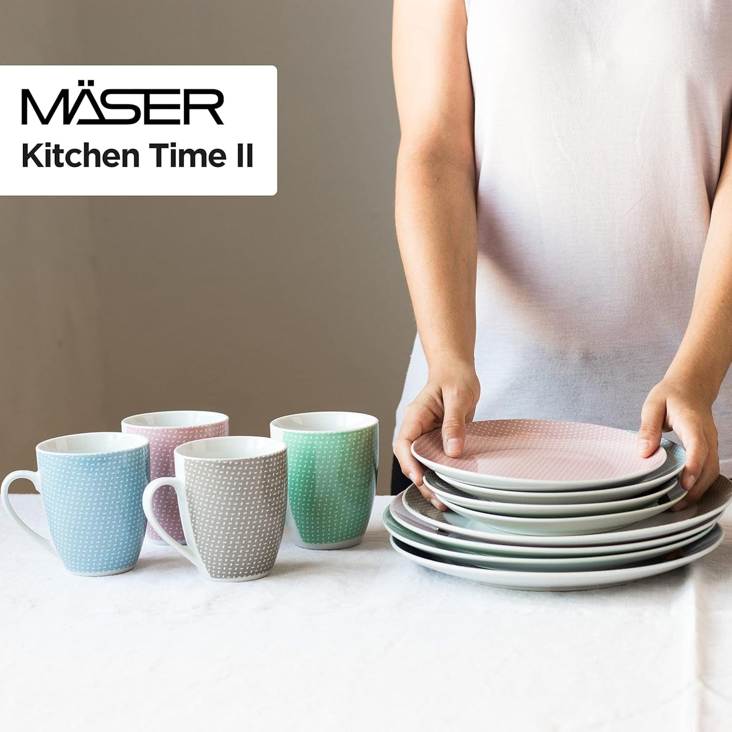 MÄSER Kitchen Time II, Servizio da tavola per 4, Servizio combinato con 16 pezzi in colori pastello con motivo discreto, Porcellana, Rosa