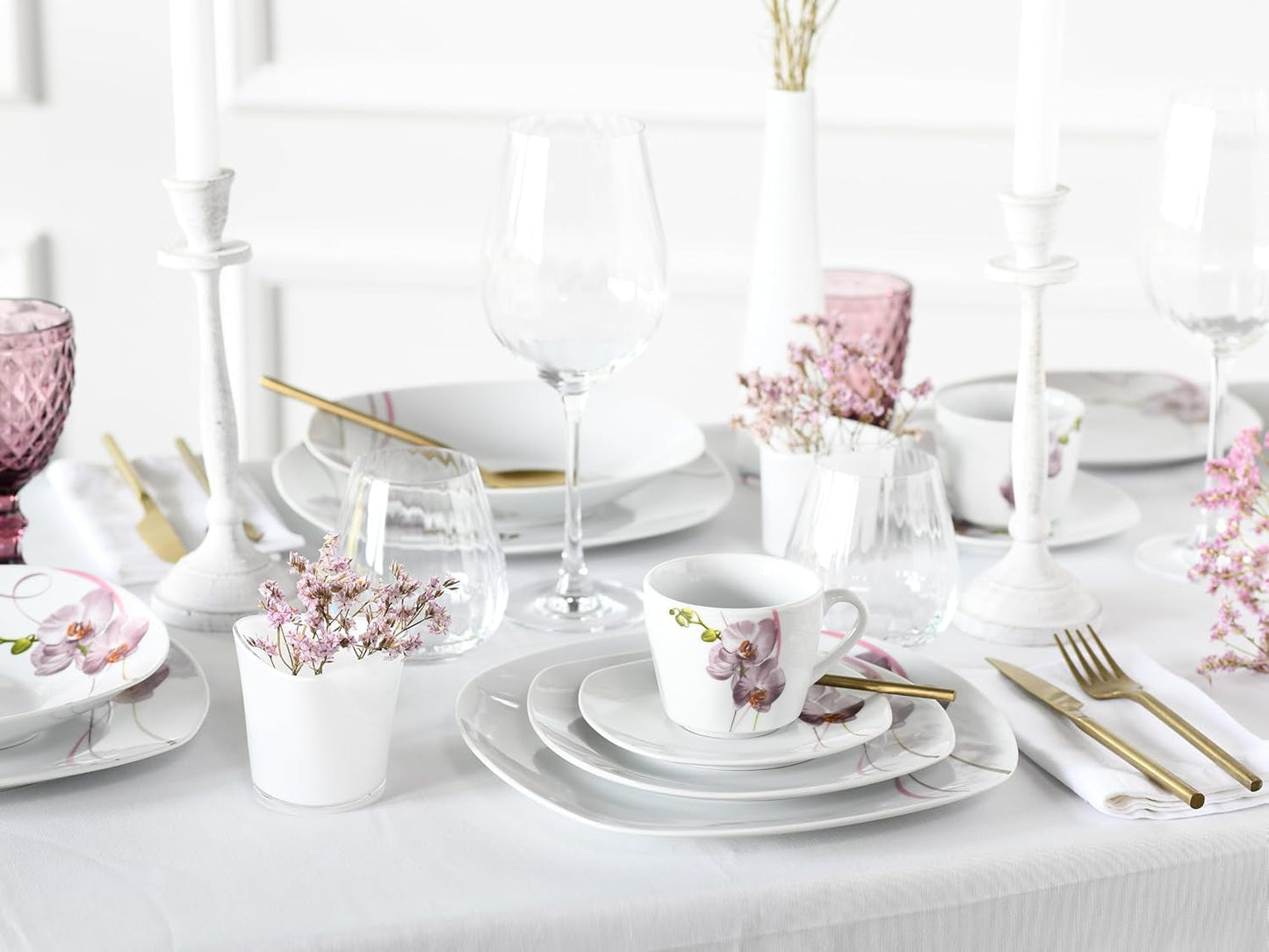 CreaTable, 24024, serie Square Orchid, set di stoviglie da 18 pezzi per 6, servizio da caffè in porcellana, lavabile in lavastoviglie e adatto al microonde, produzione di qualità