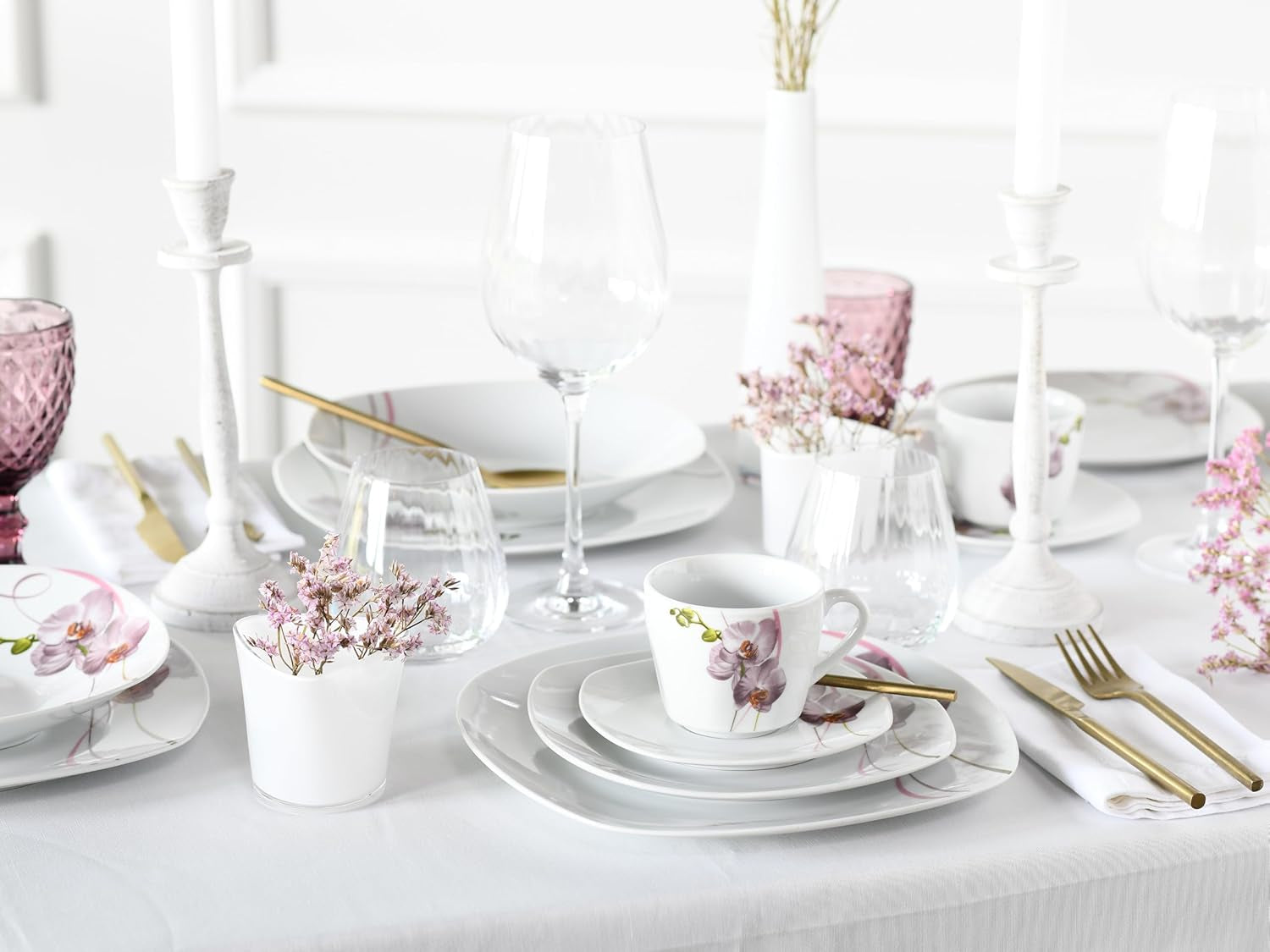 CreaTable, 24024, serie Square Orchid, set di stoviglie da 18 pezzi per 6, servizio da caffè in porcellana, lavabile in lavastoviglie e adatto al microonde, produzione di qualità