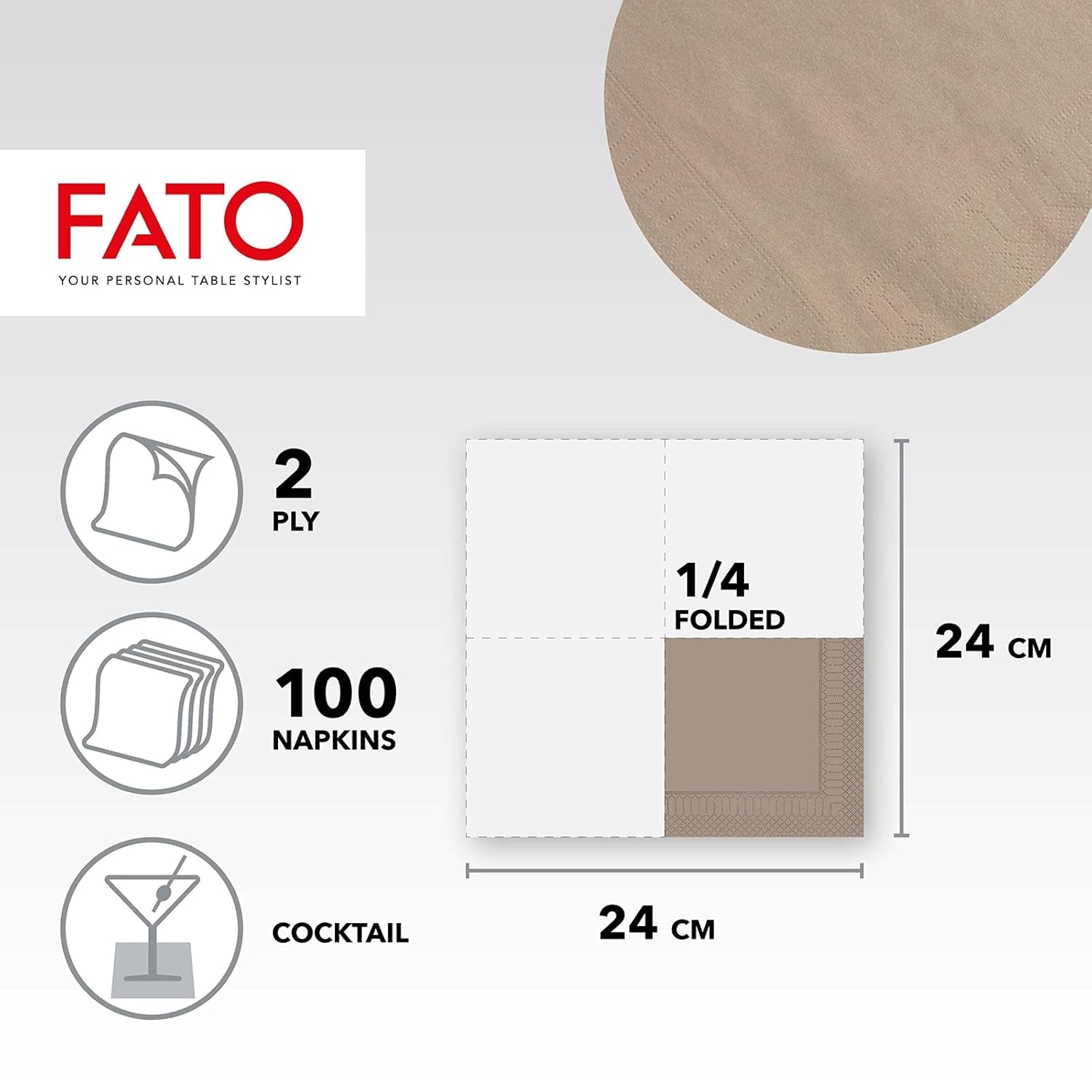 , Tovaglioli di carta usa e getta, Ideale per aperitivi e cocktail, Confezione da 100 tovaglioli, Formato 24X24 piegato in 4, 2 strati, Colore Tortora, Carta di pura cellulosa 100%, Certificato Fsc