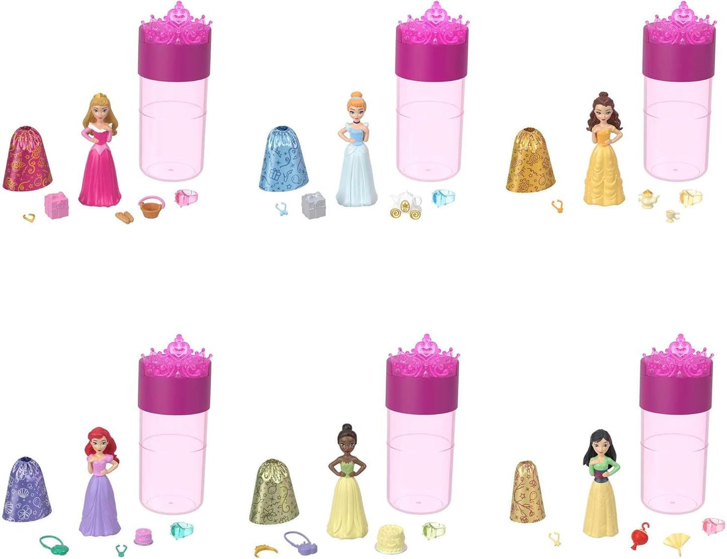 Disney Princess Color Reveal - 6 bambole a sorpresa attivate dall'acqua, accessori, per bambini dai 3 anni in su, Ariel, Tiana, Mulan, Cenerentola, Belle, Aurora, HPX39