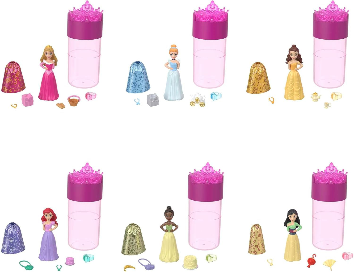 Disney Princess Color Reveal - 6 bambole a sorpresa attivate dall'acqua, accessori, per bambini dai 3 anni in su, Ariel, Tiana, Mulan, Cenerentola, Belle, Aurora, HPX39