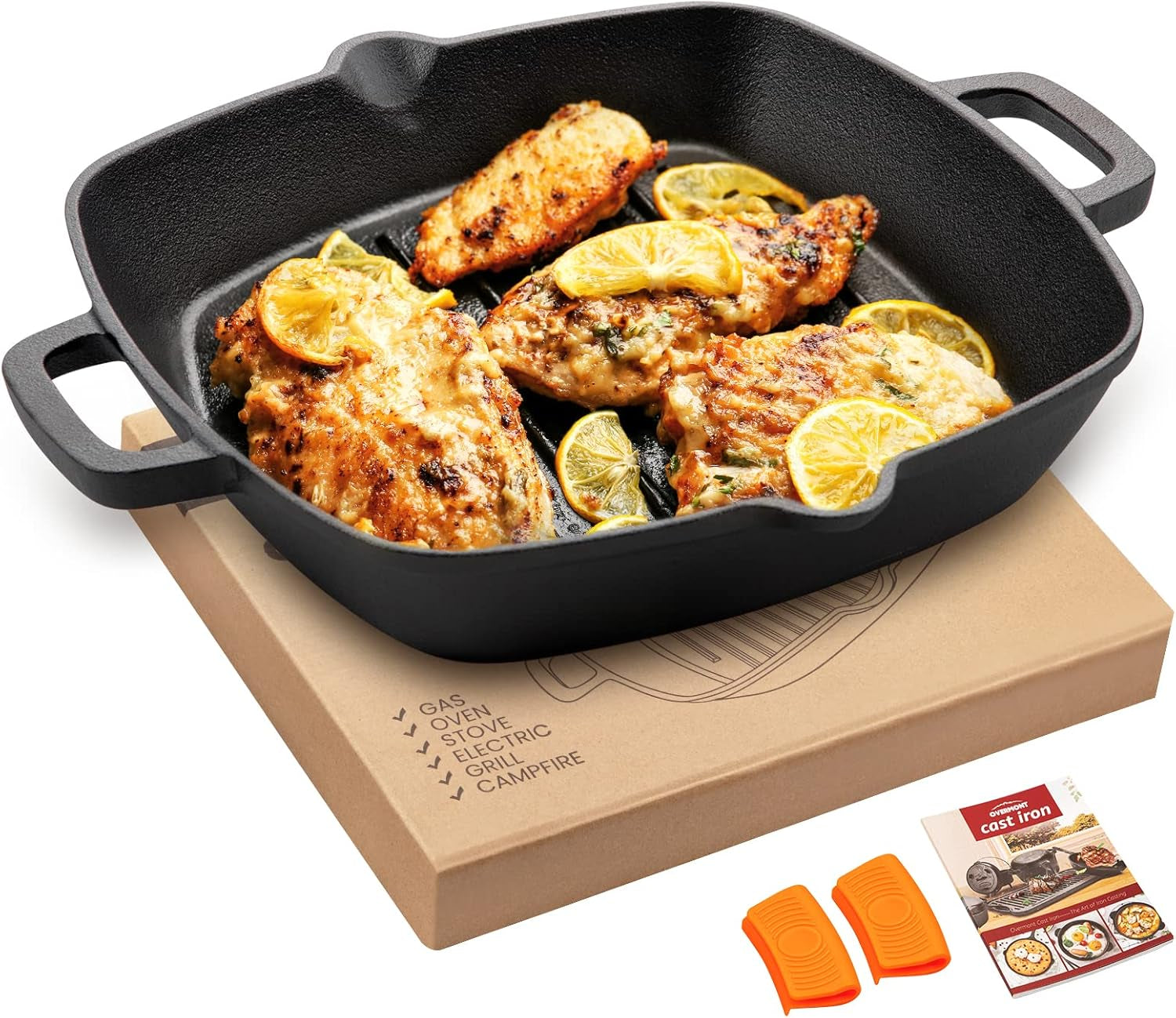 Bistecchiera in ghisa con manico OVERMONT Pentole e Padelle Naty Shop Quadrata 26Cm