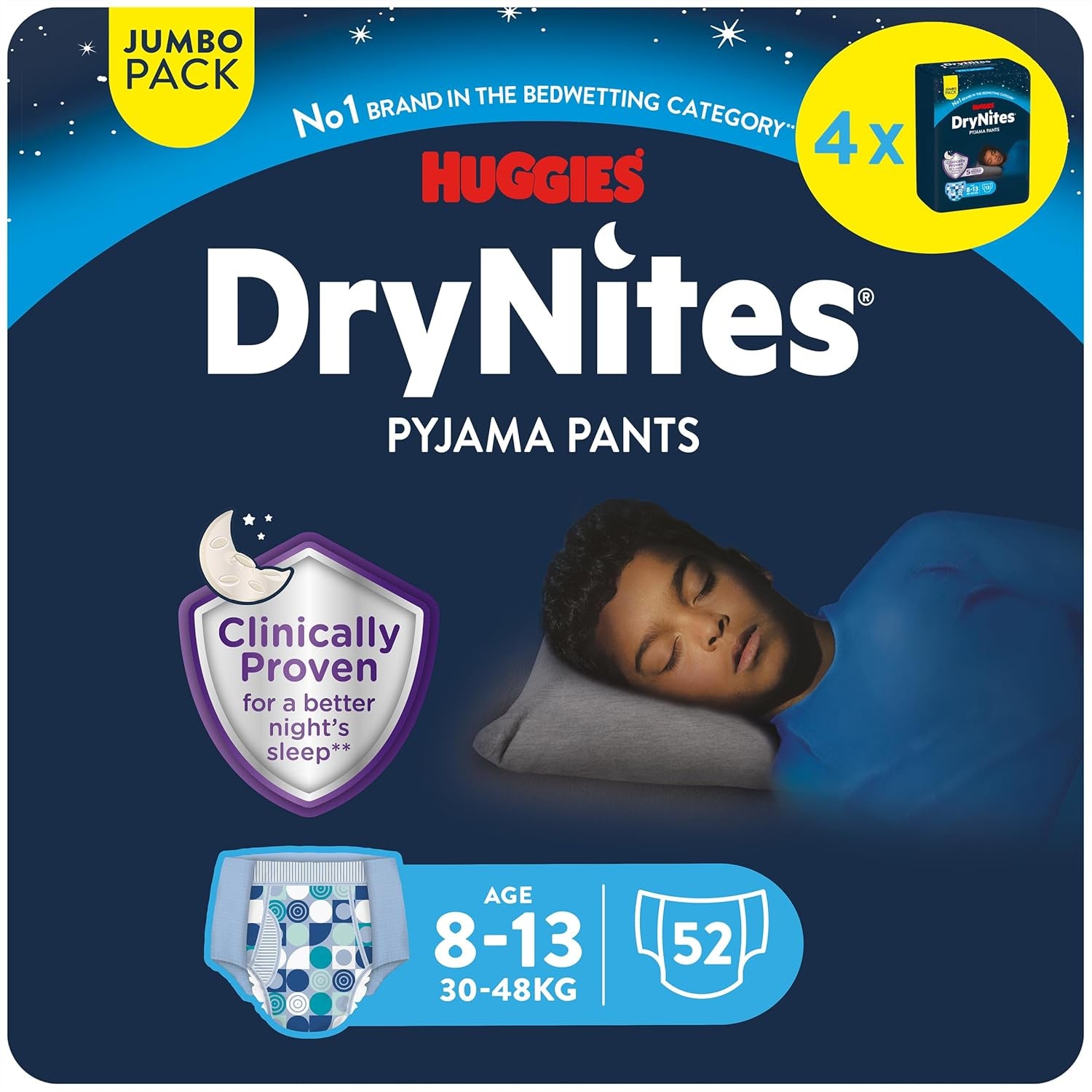 Huggies DryNites Pannolini bagnanti notturni super assorbenti per ragazzi 8-13 anni (30-48 kg) 27 pannolini (3 x 9 pezzi)