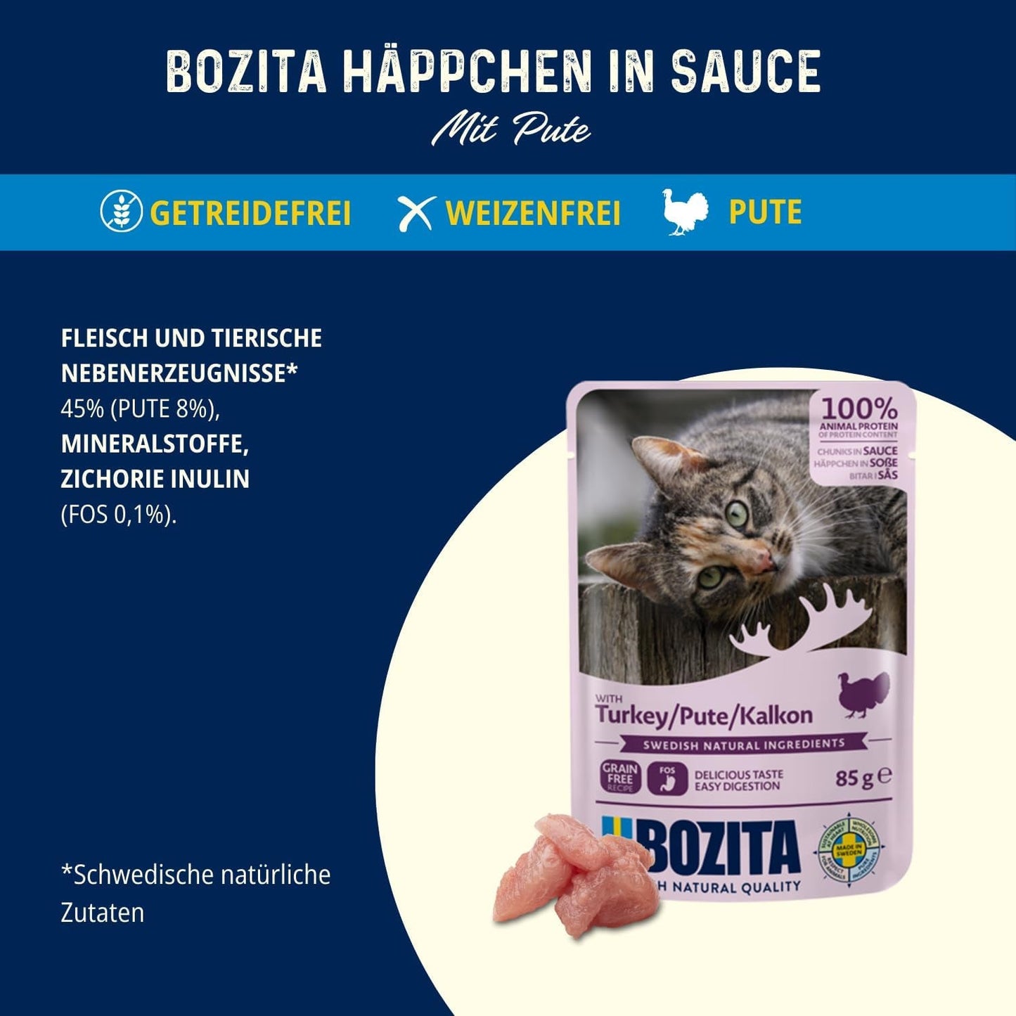 Bozita Pouch Cibo Umido con Pezzi in Salsa e Tacchino - 12 Buste Porzionate x 85g Alimento per Gatti Senza Cereali e Grano - Cibo Umido per Gatti Adulti con 8,5% di Proteine ​​e 4,5% di Grassi