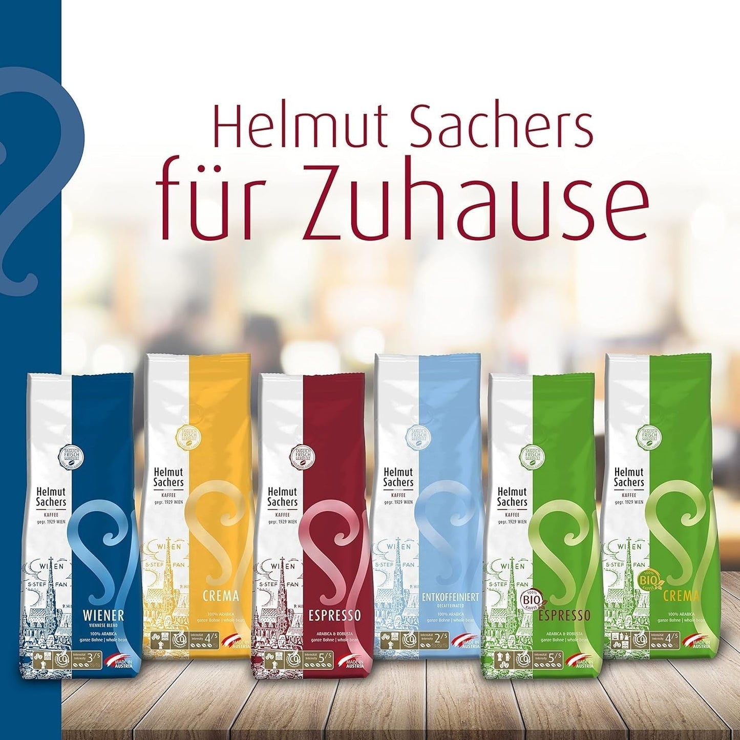 Helmut Sachers Kaffee - Miscela Viennese, Forza 3/5, 100% Arabica, Caffè in grani interi, 6 X 500G Naty Shop