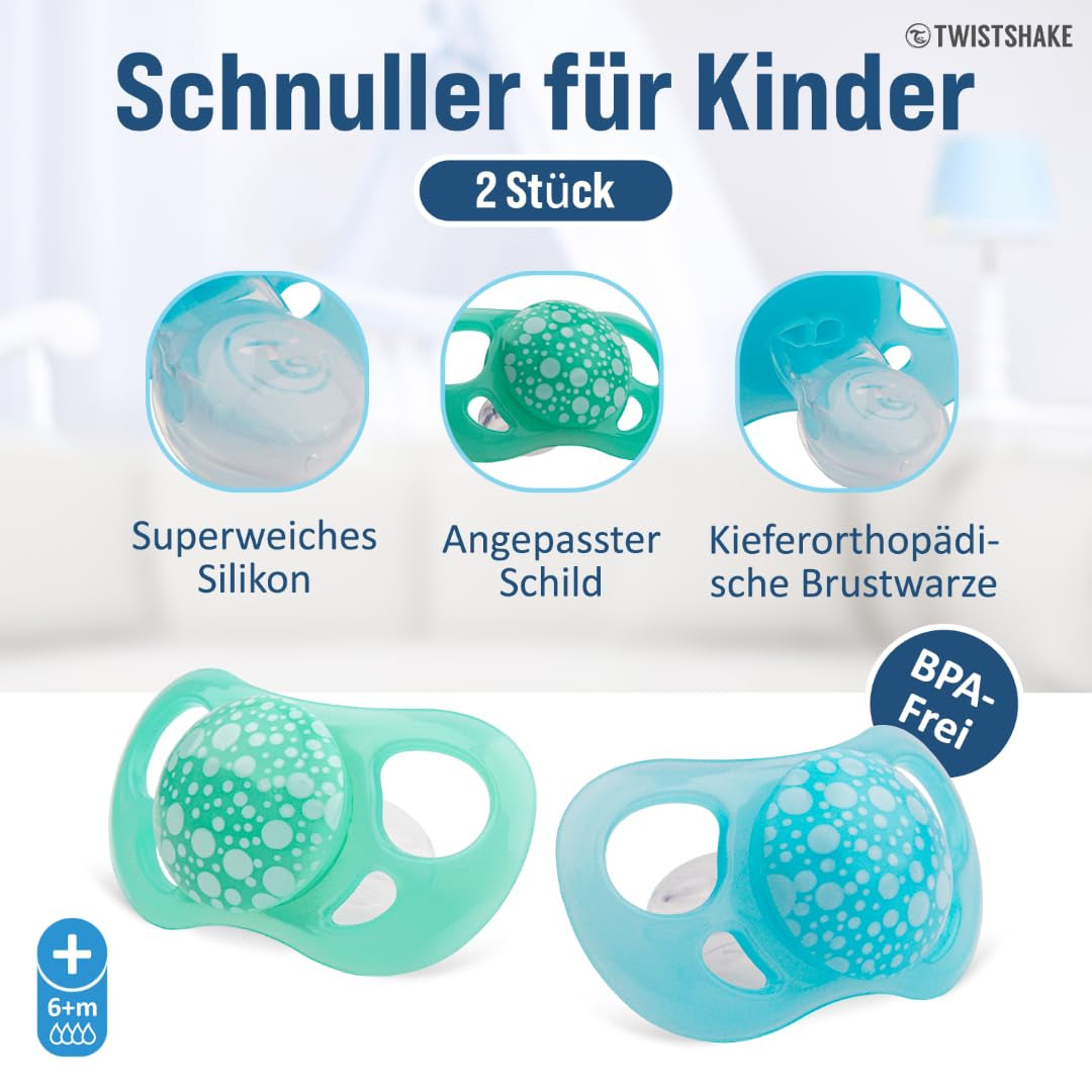 Ciucci per bambini Twistshake – Confezione da 2 | Forma ortodontica | Ultraleggero | Tettarella in morbido silicone | Senza BPA | Adatto a bambini dai 6 mesi | Blu Verde