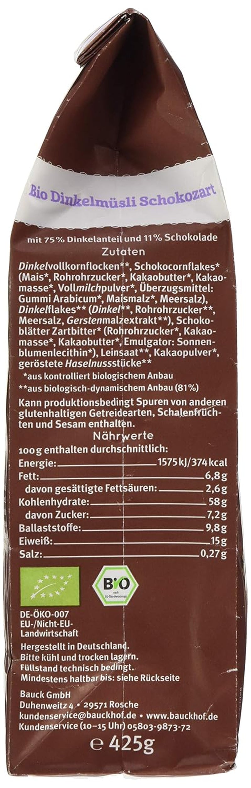 Bauck HOF Dinkelmüsli Schokozart, 425G (1Er Pack) Cereali Naty Shop