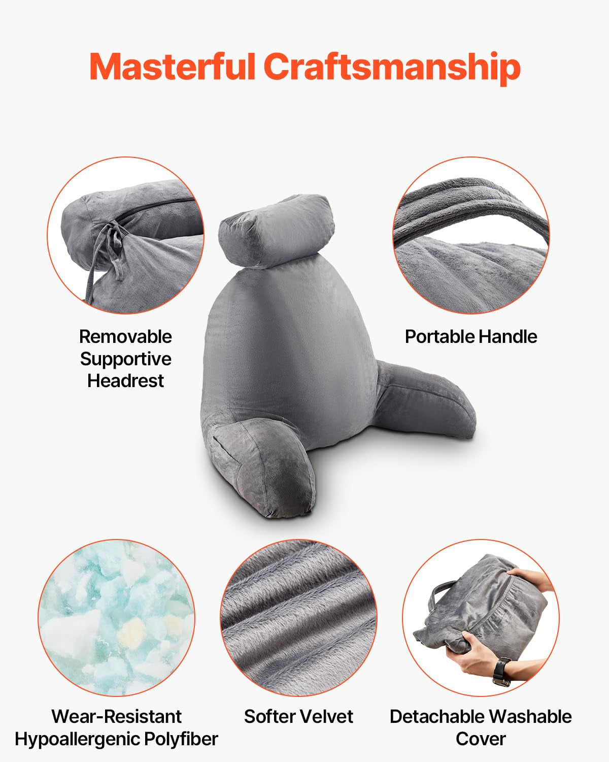 VEVOR Cuscino da lettura, Cuscino da letto (grande) con poggiatesta staccabile, cuscino per lo schienale con 3 tasche e tessuto in velluto corto lavabile e memory foam triturato, lato con maniglia, per guardare la TV, leggere, giocare
