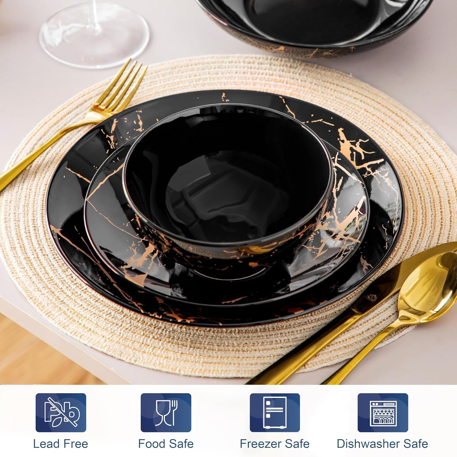 LOVECASA Set di stoviglie in porcellana serie Daphne SWEET Set combinato 24 pezzi Piatti piani design oro Piatti da dessert Ciotole di cereali e piatti piani per 6 persone