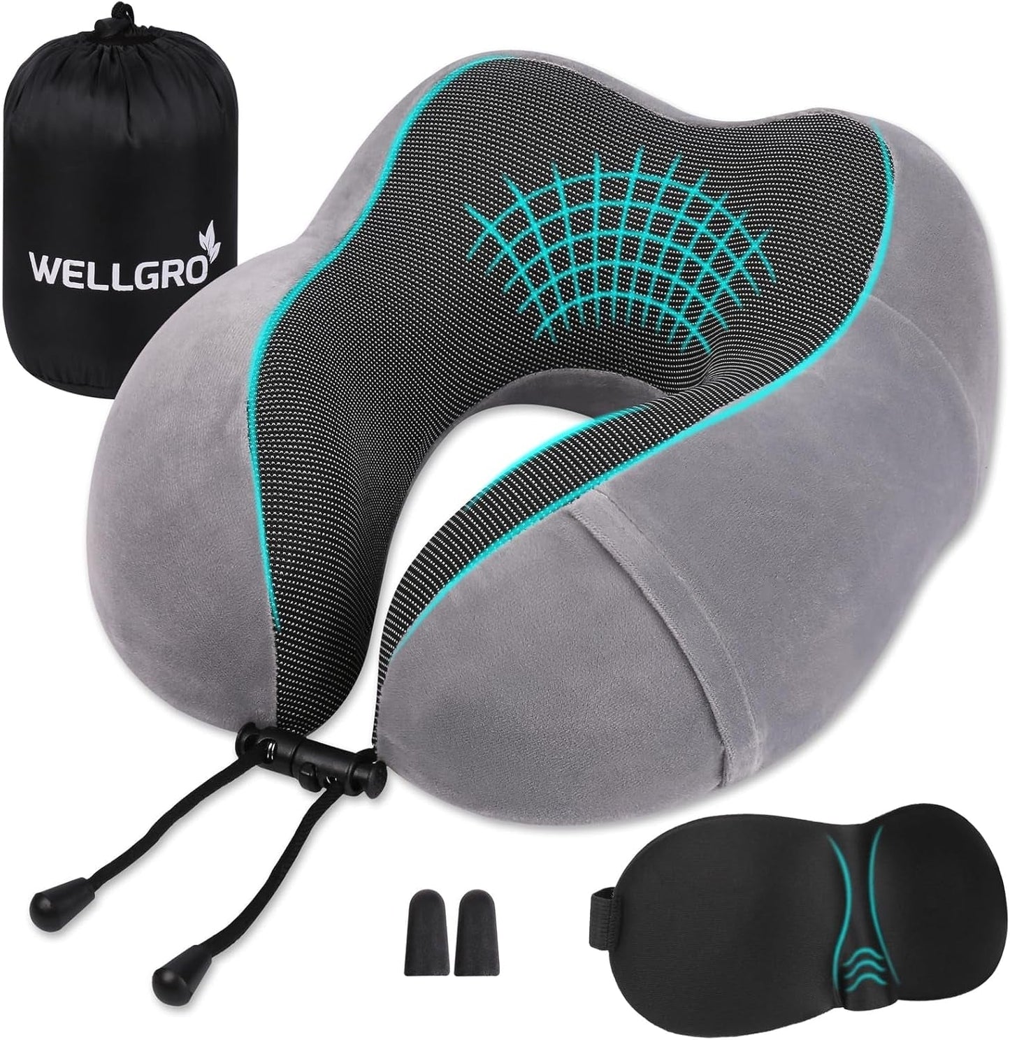 WELLGRO Set Cuscini per Collo con Maschera per Dormire 3D e Tappi per Le Orecchie - Fodera Rimovibile - Memory Foam - Chiusura con Cerniera - Inclusa Custodia - Cuscino da Viaggio - Colore Selezionabile, Colore:Grigio Cuscini Ortopedici Cervicali Naty Shop