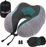 WELLGRO Set Cuscini per Collo con Maschera per Dormire 3D e Tappi per Le Orecchie - Fodera Rimovibile - Memory Foam - Chiusura con Cerniera - Inclusa Custodia - Cuscino da Viaggio - Colore Selezionabile, Colore:Grigio Cuscini Ortopedici Cervicali Naty Shop