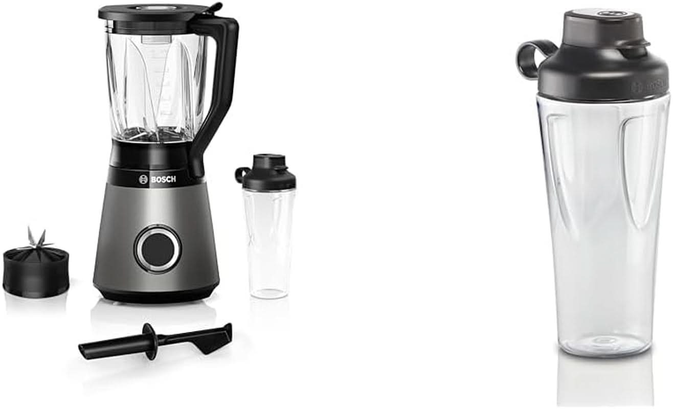 Robot da cucina Bosch Vitapower Serie 4 MMB6174SN, Verbesserte Version, Hochwertige Edelstahl-Klingen, 1,5L Glass Behälter, 0,6L To-Go-Flasche, Spülmaschinenfeste Teile, 30,000 U/Min, 1200 W, Silber Bucatarie Naty Shop Bundle Mit Flasche 0,6 L 2-in-1, nuova garanzia automobilistica per 10 anni