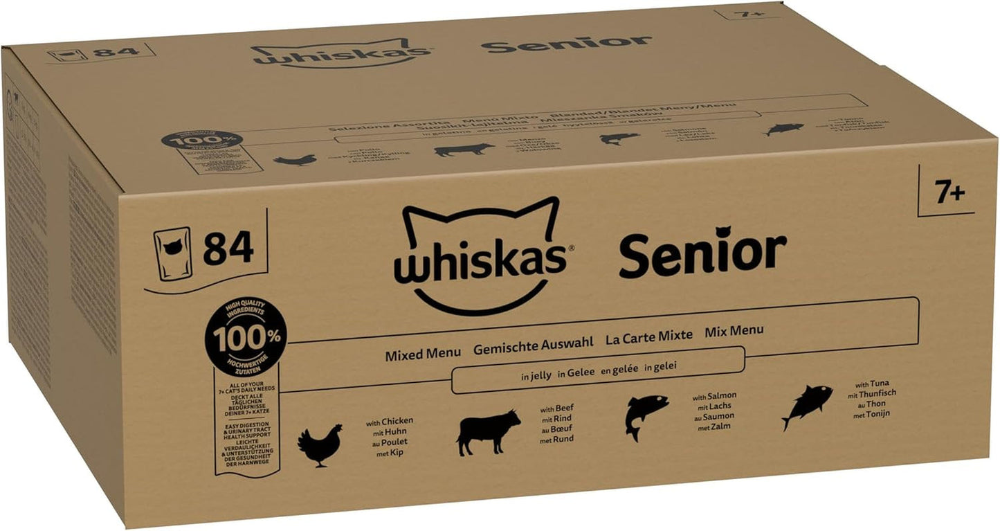 Whiskas Senior 7+ Selezione Mista di Cibo Umido in Gelatina, 84 Bustine, 84x85g (1 Confezione Grande) - Cibo umido di alta qualità per gatti dai 7 anni in su