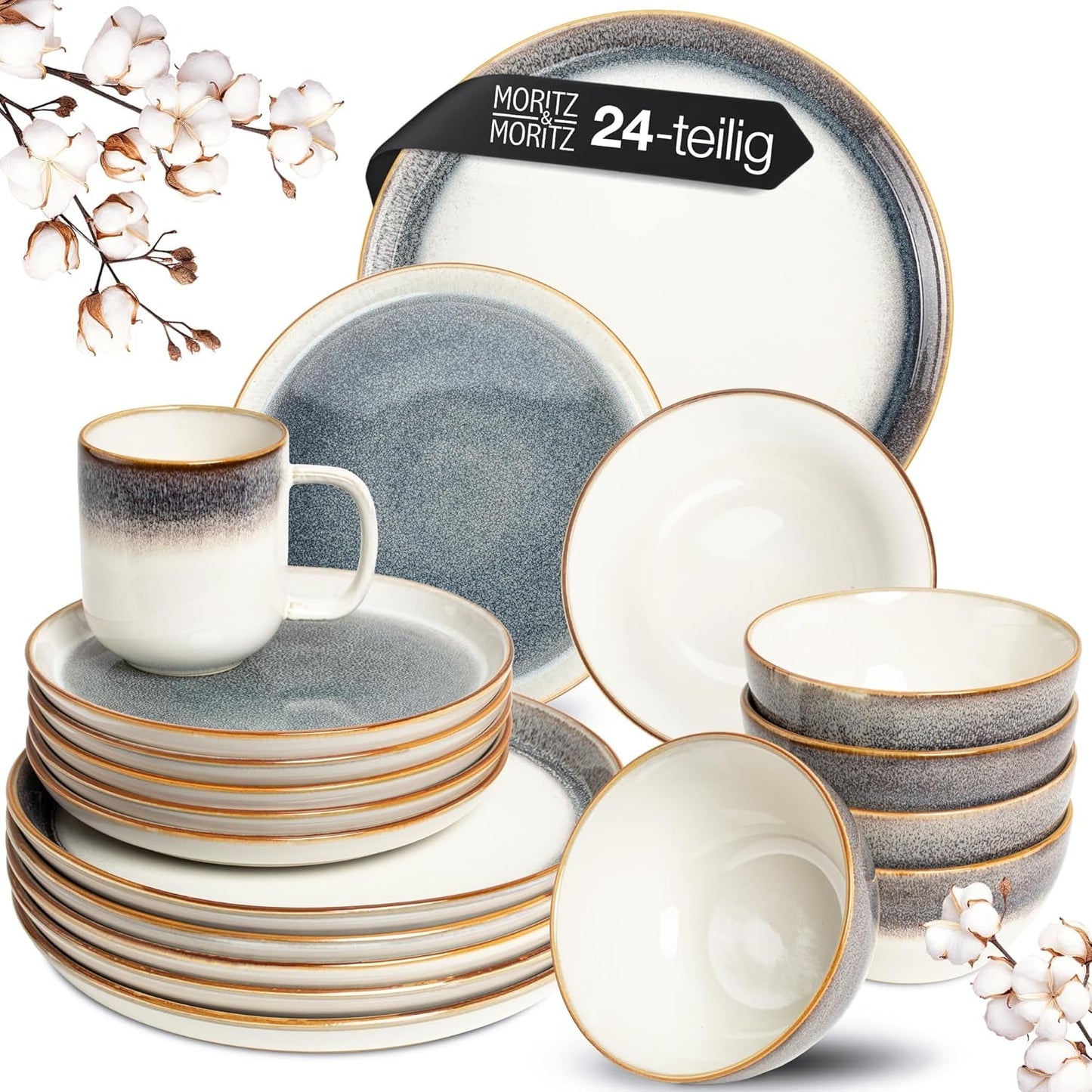 Moritz & Moritz TARENTO Servizio Piatti 24 Pezzi per 6, Grigio - Elegante Set di Piatti in Gres di Alta Qualità - Il set di stoviglie comprende 6 piatti piani, 6 piatti da dessert, 6 piatti piani e 6 tazze