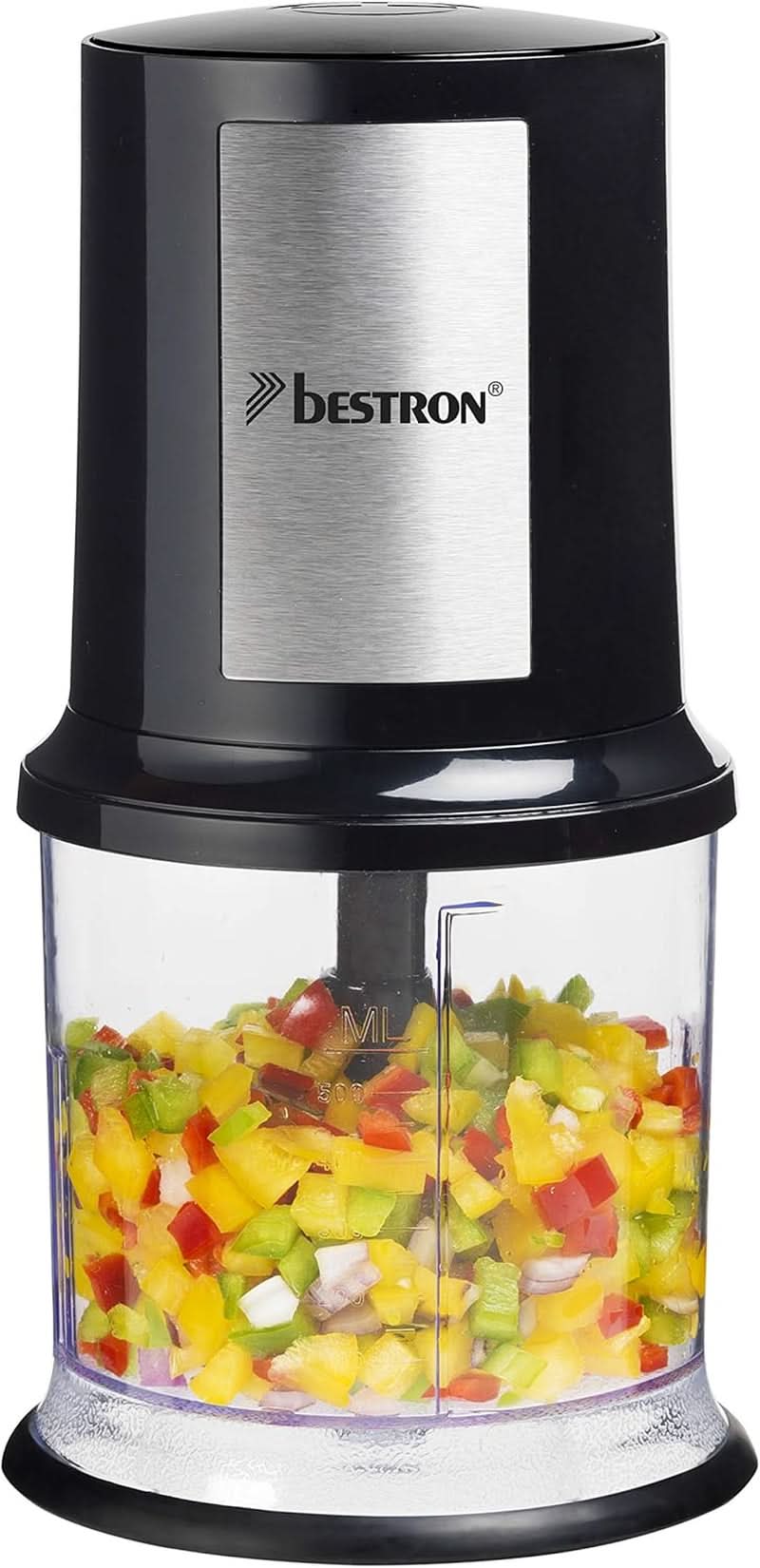 Bestron Elektrischer Multi-Zerkleinerer, Universalzerkleinerer Mit Zwei Schneidemessern & 500Ml Kapazität, Grosse Pulstaste, 400 Watt, Farbe: Kupfer Kitchen Naty Shop Schwarz/Silber