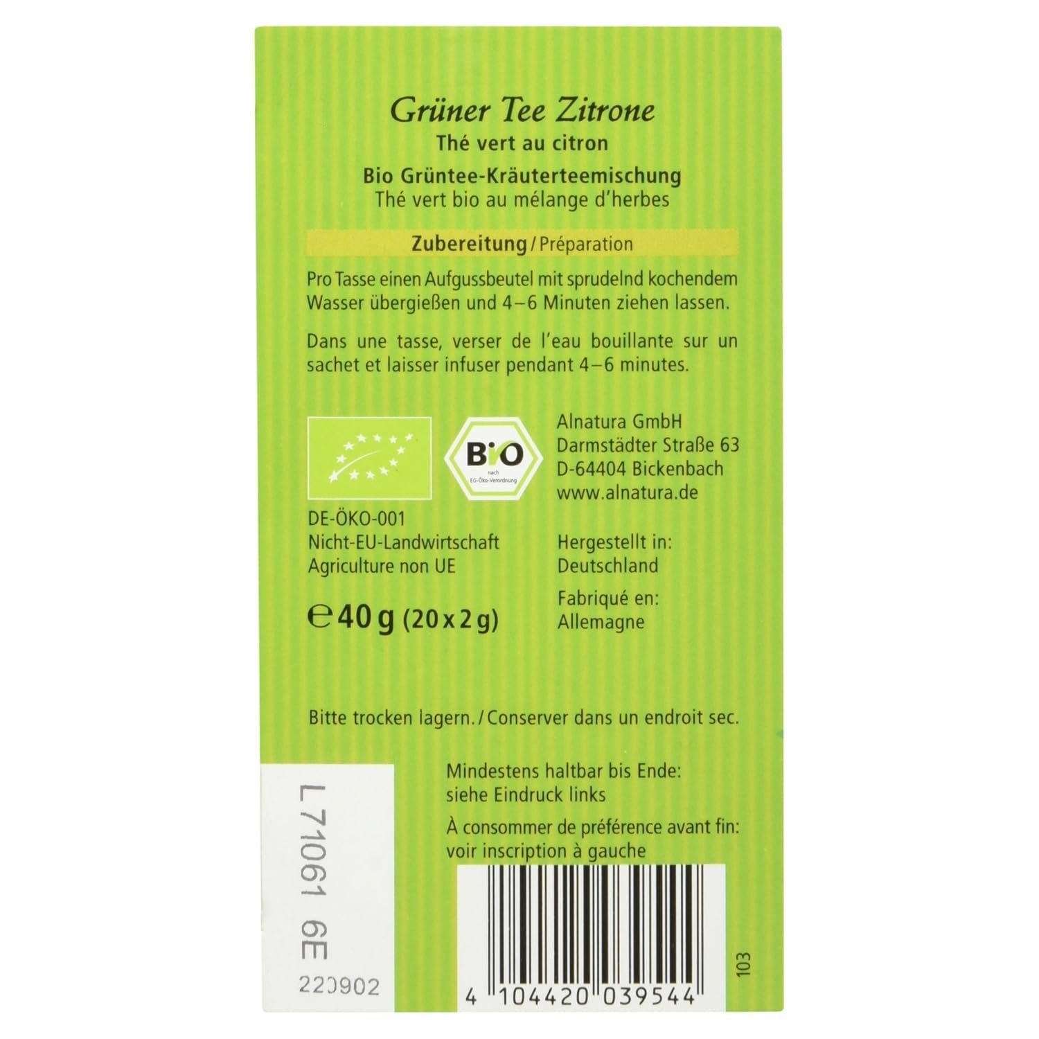 Tè verde biologico al limone, 20 buste, 40 g