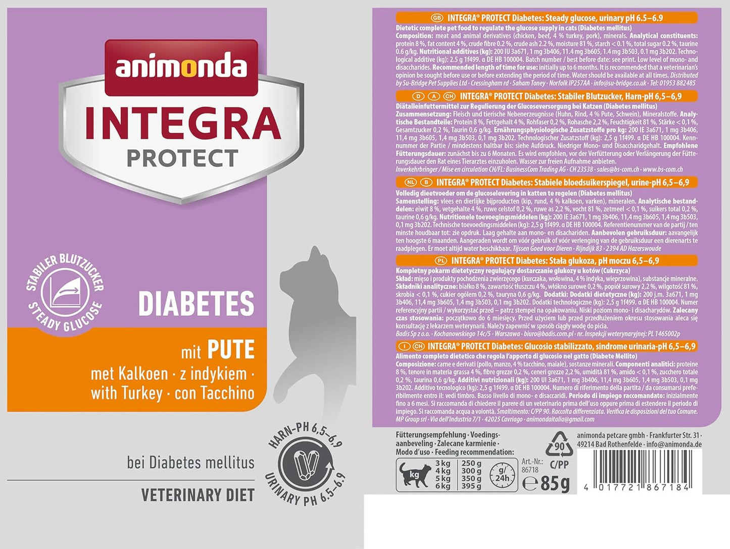 Animonda INTEGRA PROTECT alimento umido per gatti diabetici con carne di tacchino (24 x 85g), consigliato dai veterinari per il diabete, un alimento dietetico completo per gatti adulti, sviluppato insieme ai veterinari.