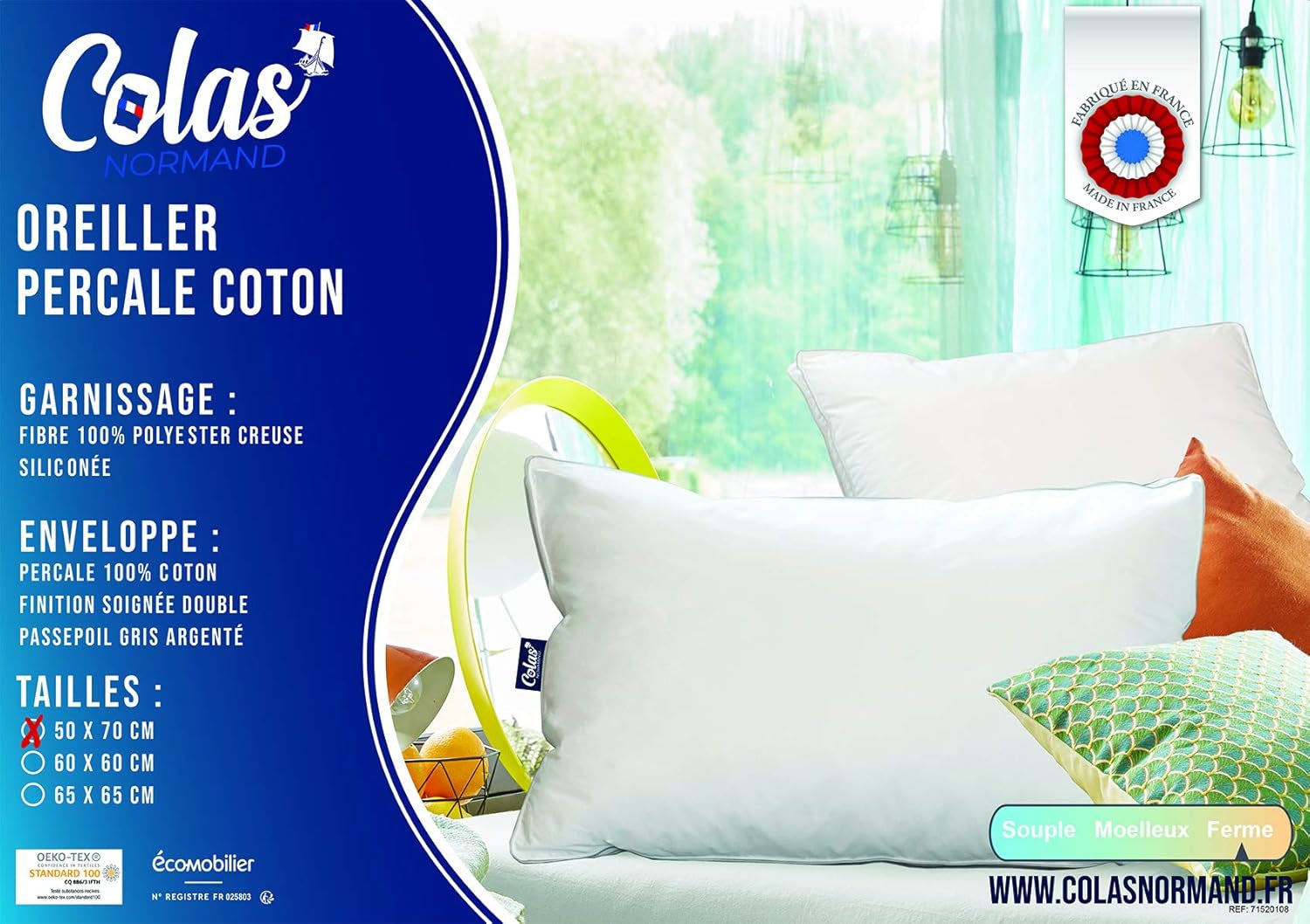 Cuscino, Cotone, Percalle, 50 X 70 Cm, Finitura Fine, Comfort, Percalle, 100% Cotone, Alta Qualità, Morbido, Fatto in Francia, Bianco 73130220 Naty Shop Cuscini Standard