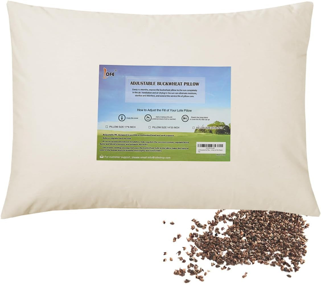 LOFE Cuscino per Dormire in Grano Saraceno Biologico 35,6 X 50,8 cm Regolabile Traspirante per il Sonno Fresco Supporto cervicale per chi dorme sulla schiena e sul fianco (scafi di grano saraceno tartaro) Naty Shop Cuscini standard Colore crema Misura media (16×22 pollici)
