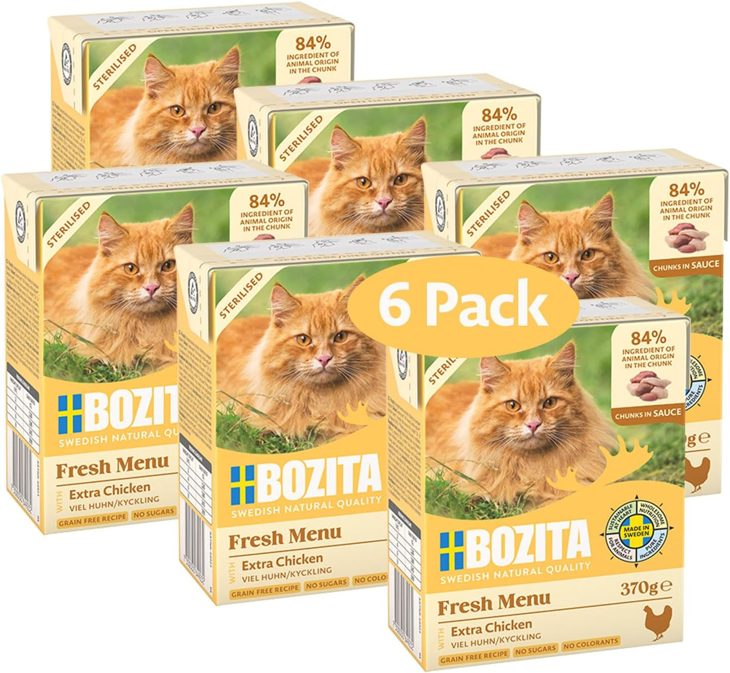 Bozita Tetra Pezzi Sterilizzati in Salsa con Molto Pollo - 6 x 370g Cibo per Gatti Umido Senza Cereali e Zucchero - Non OGM, con 8,5% di Proteine ​​e 4,5% di Grassi - Alta Qualità ed Estremamente Gustoso