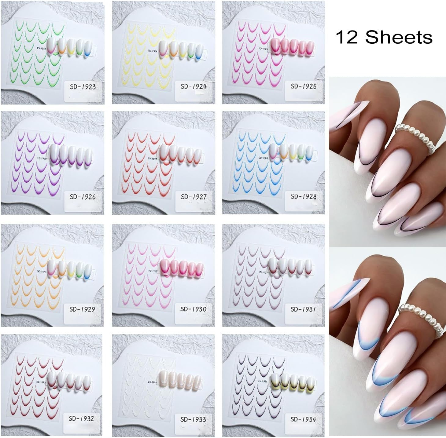 GZMAYUEN 12 colori adesivi per unghie francesi adesivi per unghie in colore sfumato francese 3D accessori per unghie autoadesivi per design per unghie