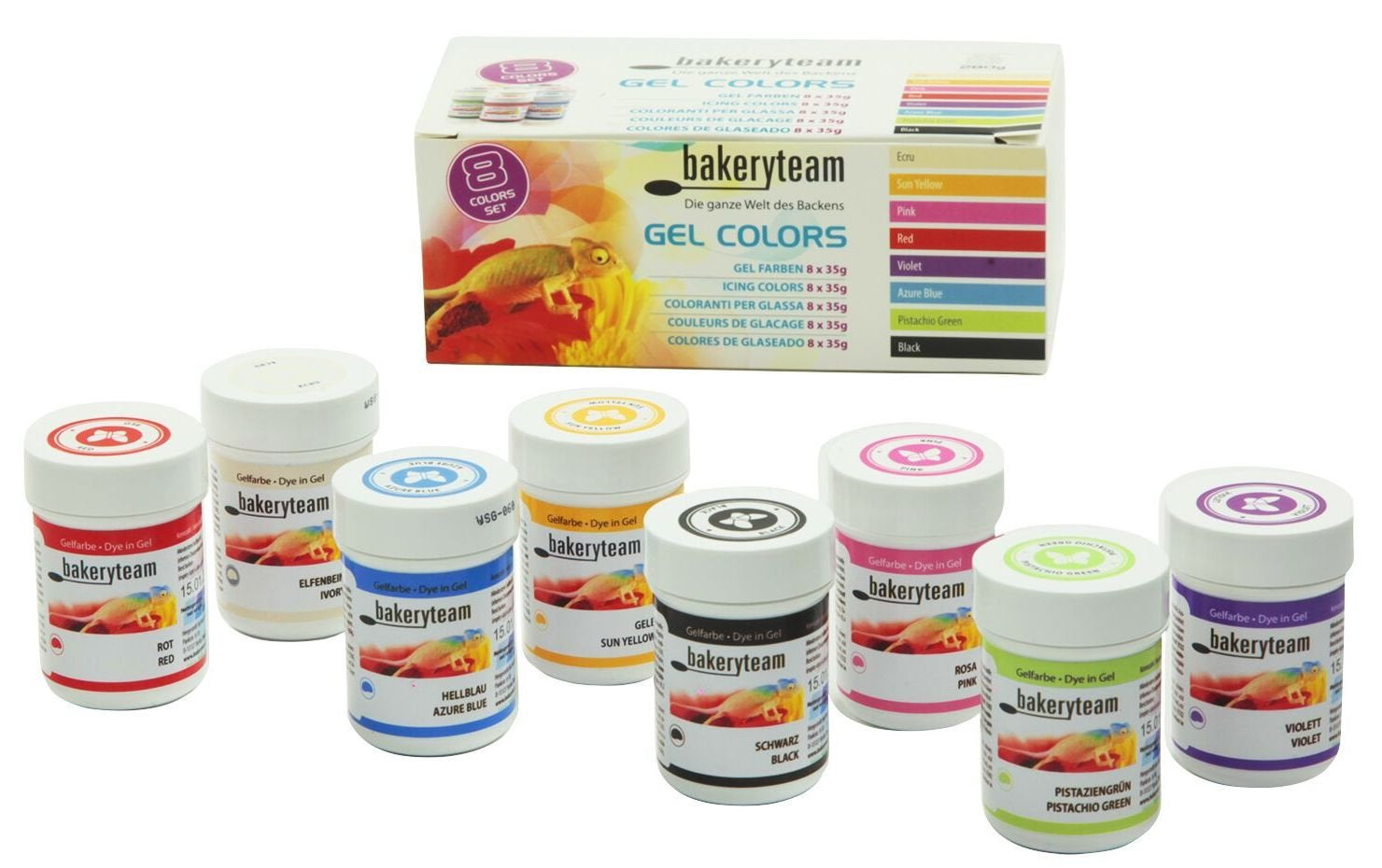 Colori alimentari in gel Bakeryteam per fondente, marzapane, cupcake, panna, torte, torte, gelati, set (8 x 35 g)