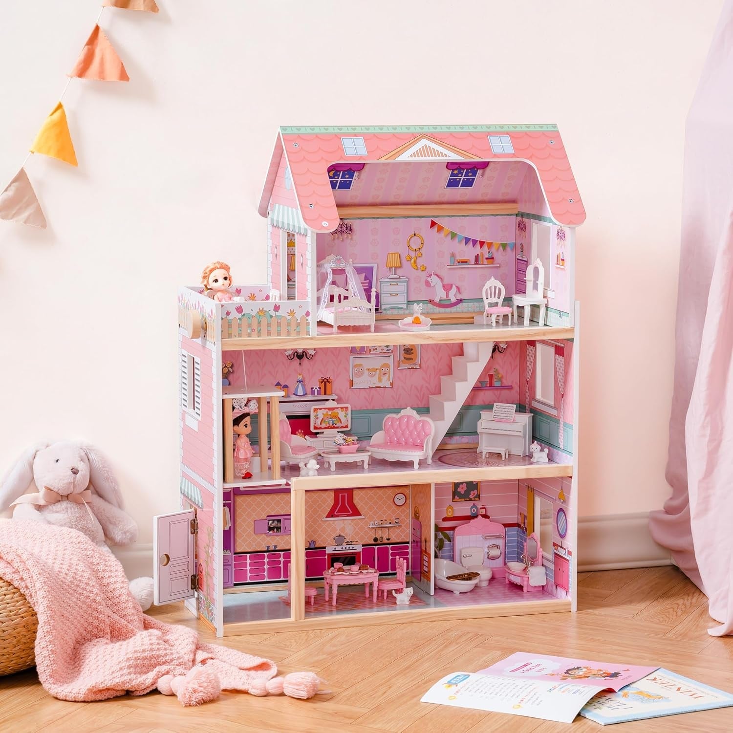 ROBUD Casa delle bambole in legno per bambini, casa delle bambole, giocattolo, regalo per ragazze e ragazzi di 3 4 5 6 anni