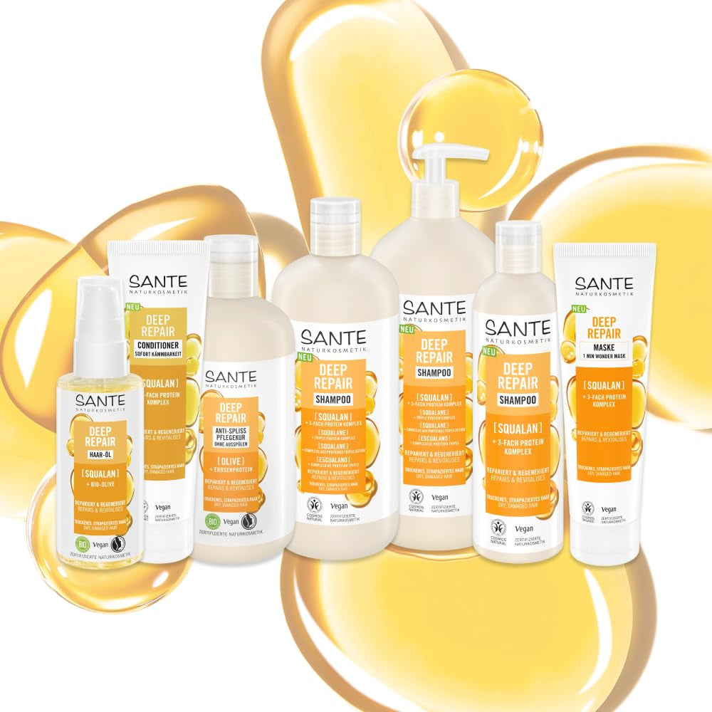 SANTE Natural Cosmetics Deep Repair Mask Squalane + 3x complesso proteico, maschera per capelli vegana per idratazione intensa e capelli flessibili, ripara e rigenera i capelli danneggiati, 150 ml Naty Shop Hair Mask