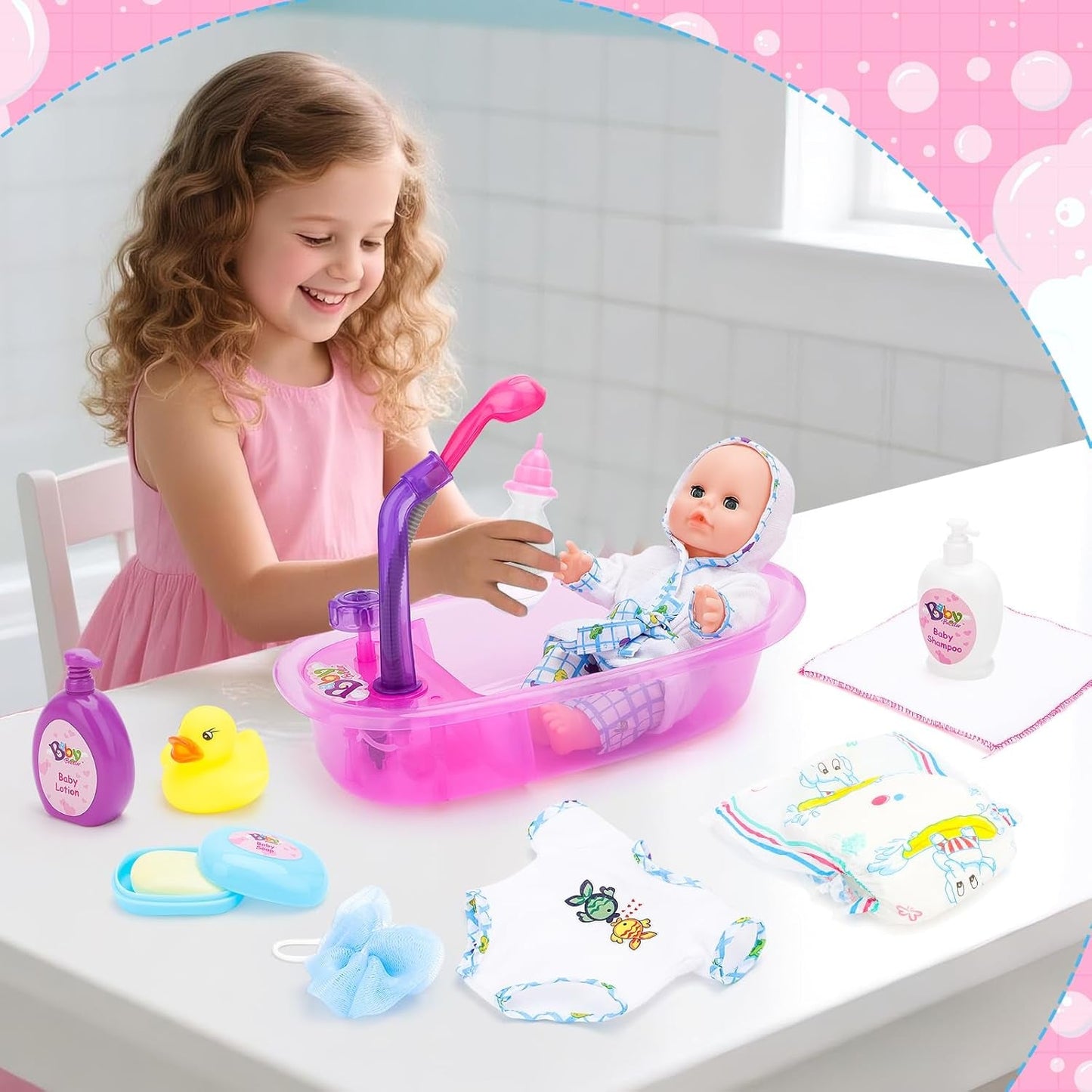 deAO Set vasca da bagno per bambole, bambola interattiva da 33 cm, vasca da bagno per bambole, set da gioco per bambole con ciuccio, vestiti per bambole, accappatoio, pannolini per bambole, vasca da bagno e spray doccia funzionale