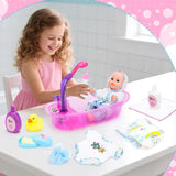 deAO Set vasca da bagno per bambole, bambola interattiva da 33 cm, vasca da bagno per bambole, set da gioco per bambole con ciuccio, vestiti per bambole, accappatoio, pannolini per bambole, vasca da bagno e spray doccia funzionale
