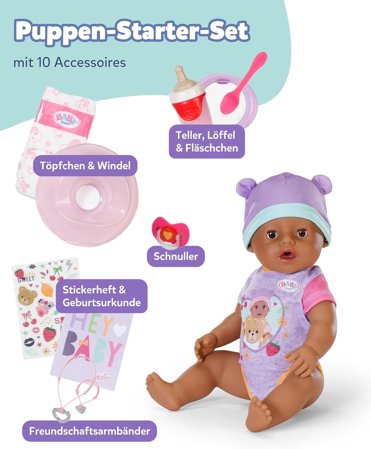 BABY Born Eva - bambola baby 43 cm - 10 funzioni inclusi accessori e materasso - Funziona completamente senza batterie - Adatto a bambini dai 3 anni in su