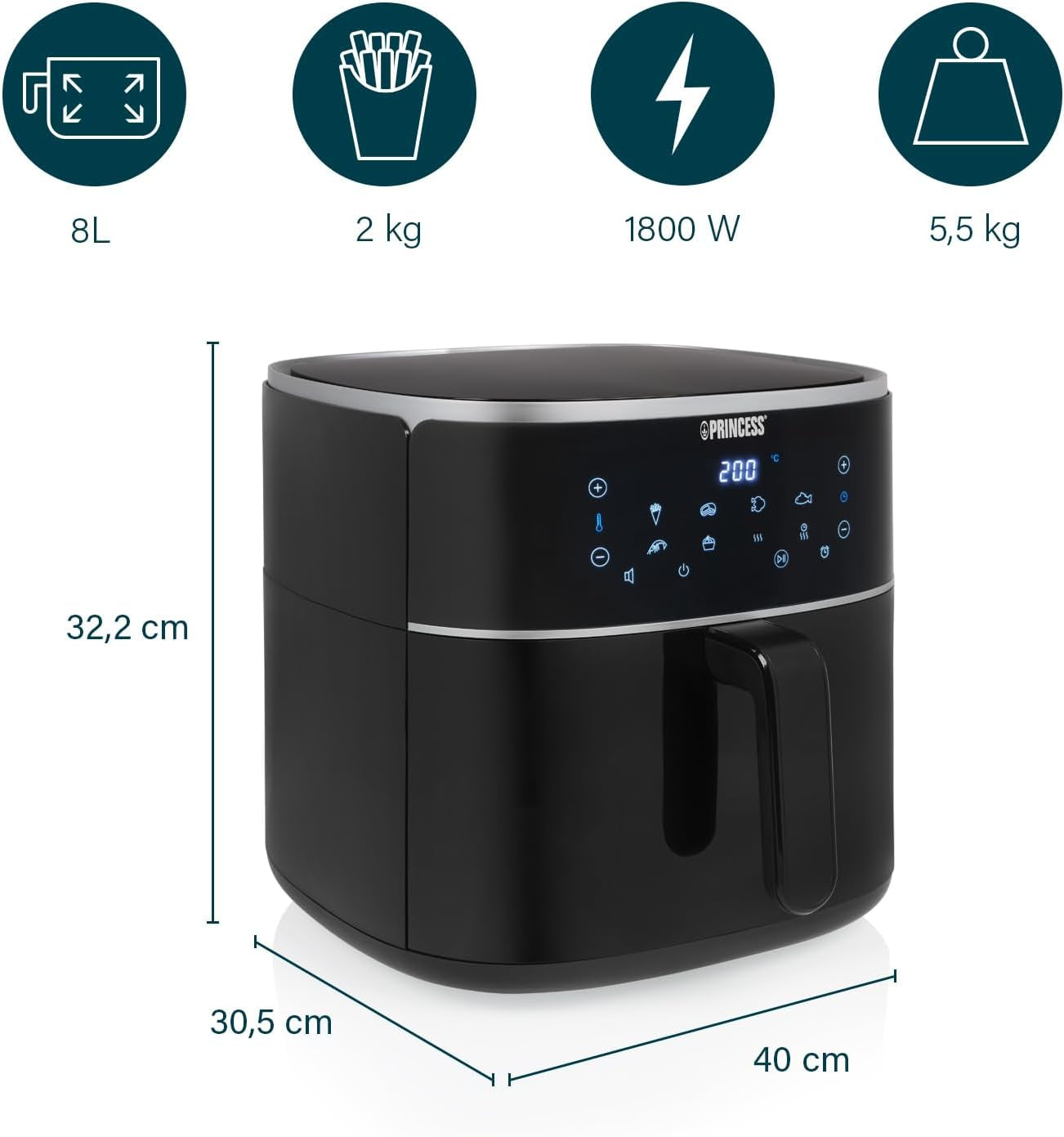 Friggitrice ad aria calda Princess Digital - Capacità vasca variabile - Massimo 8 litri - 6 programmi preimpostati Elettrodomestici Naty Shop
