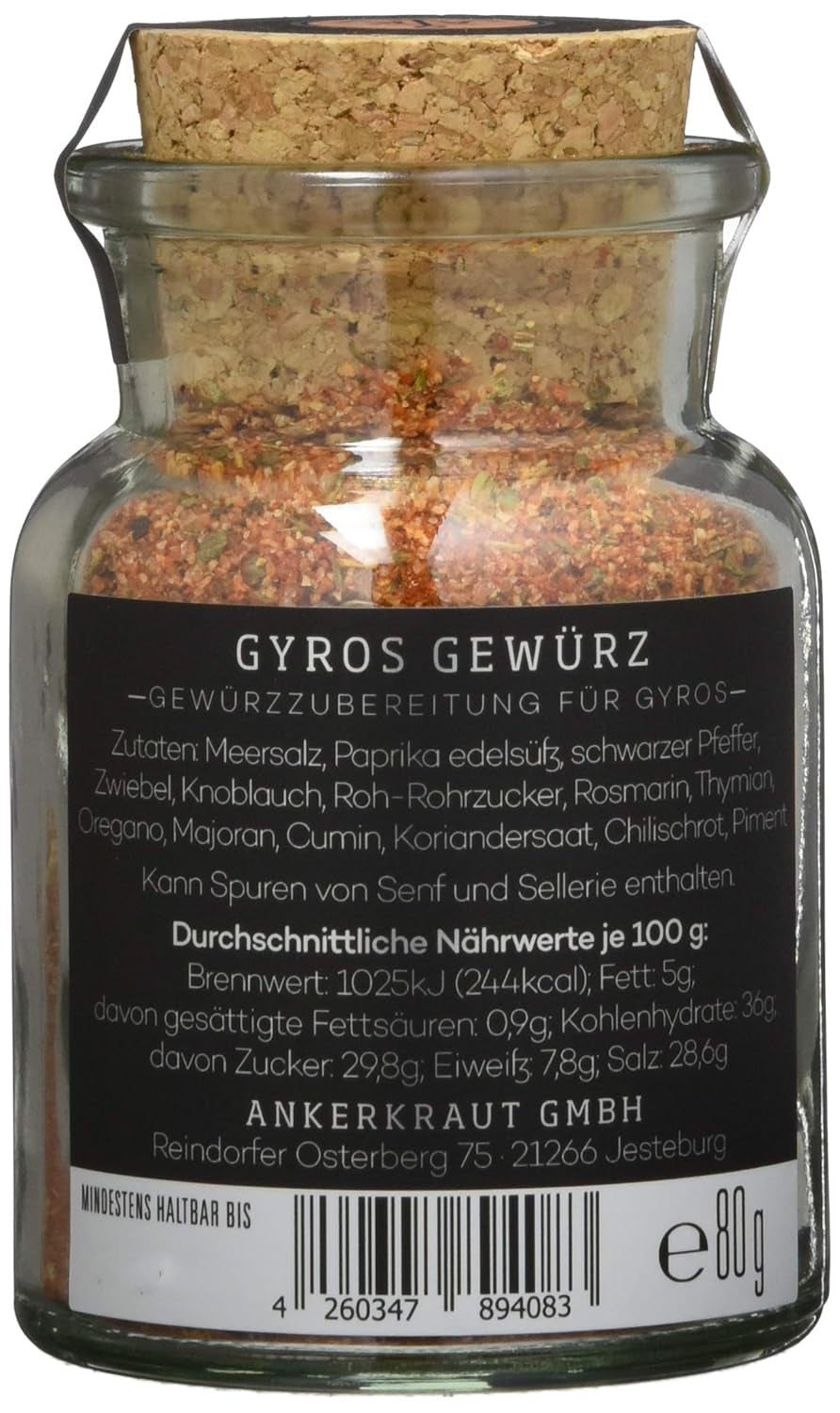 Ankerkraut Gyros, Gewürzmischung für Gyros, egal ob aus der Pfanne oder vom Grill, mit Zwiebel, Knoblauch, Maggiorana, Cumino, Pimento e altro, 80 g in Korkenglas