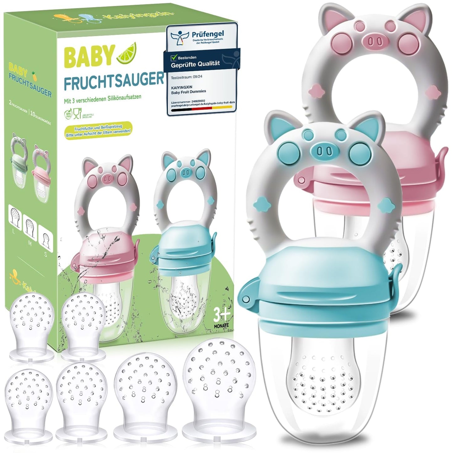 Ciucci alla frutta per bambini, confezione da 2 ciucci alla frutta per bambini dai 3 mesi in su versione aggiornata 2023, ciucci riempibili, ciucci per porridge, ciucci alla frutta per bambini, senza BPA, 8 tettarelle in silicone in 3 misure