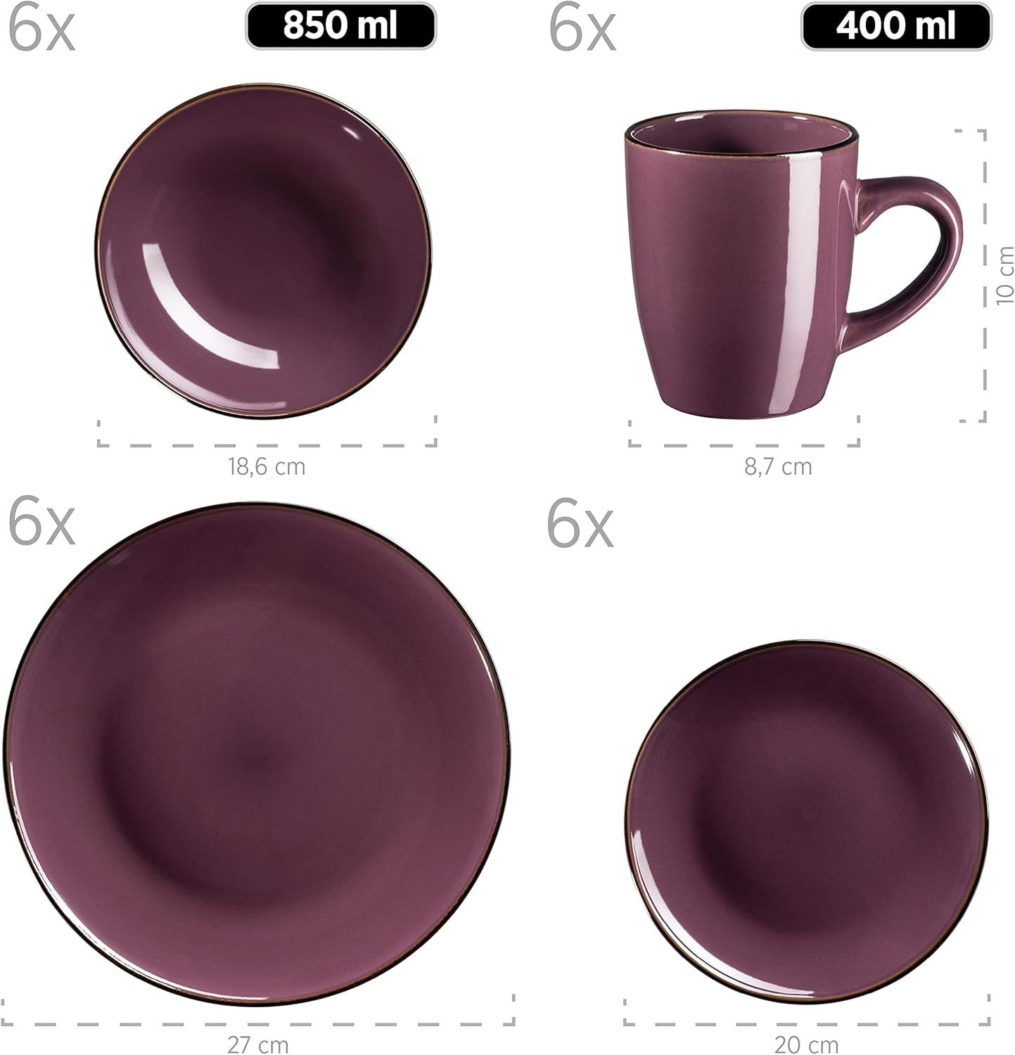 Set di stoviglie moderno per 6 persone con bordo in ottone, servizio combinato a forma di tazza senza bordo da 24 pezzi, lavanda