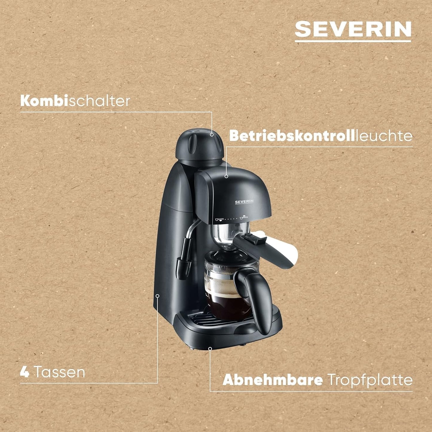 Macchina per caffè espresso SEVERIN KA 5978 (include ciotola e misurino, fino a 4 tazze) nero, Standard
