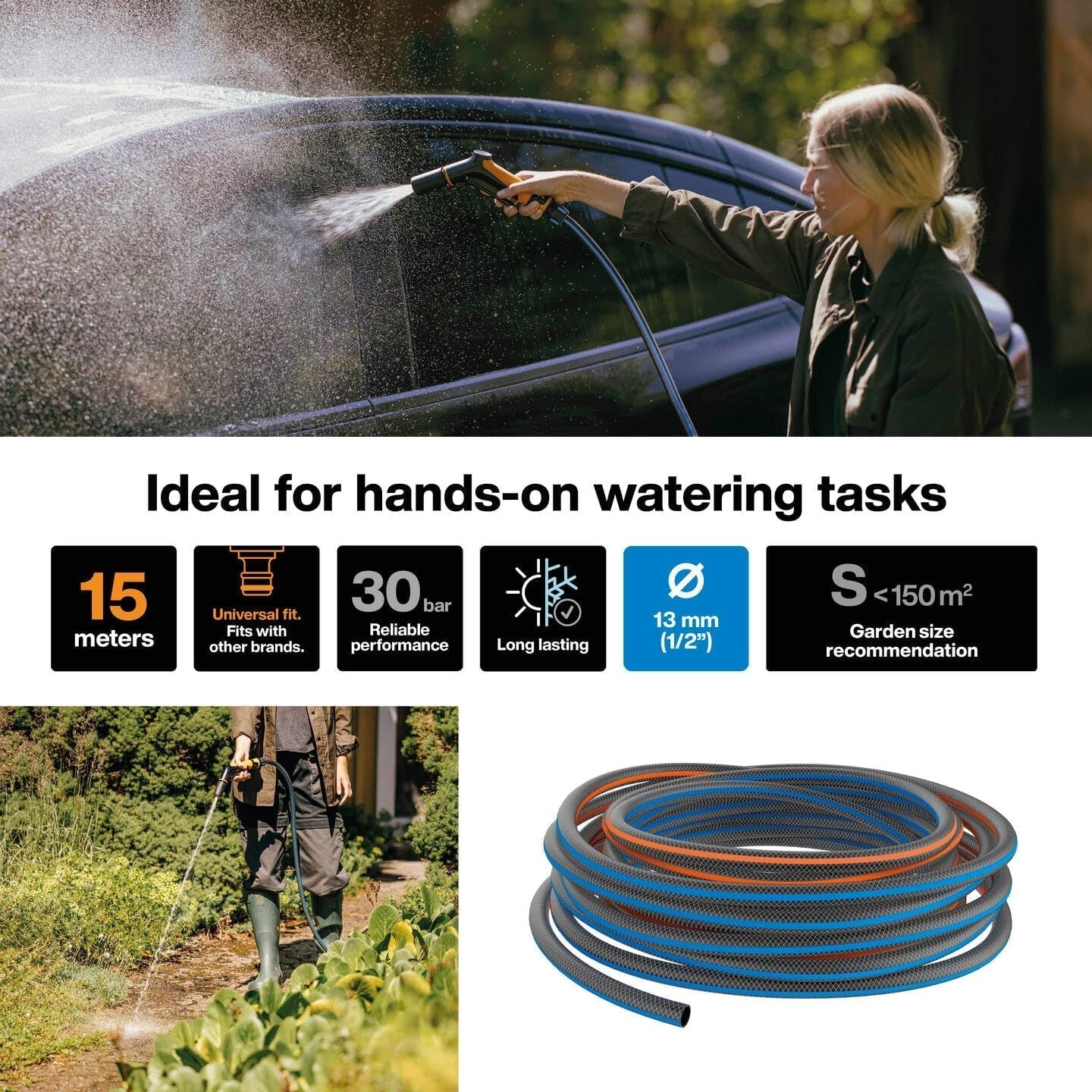 Fiskars S Tubo da giardino, Serie X, Tubo dell'acqua per irrigazione manuale, 13 mm (1/2"), Lunghezza: 15 m, Collegamento universale, Protezione UV, Protezione antigelo, Resistente alla torsione, Blu, 1076044