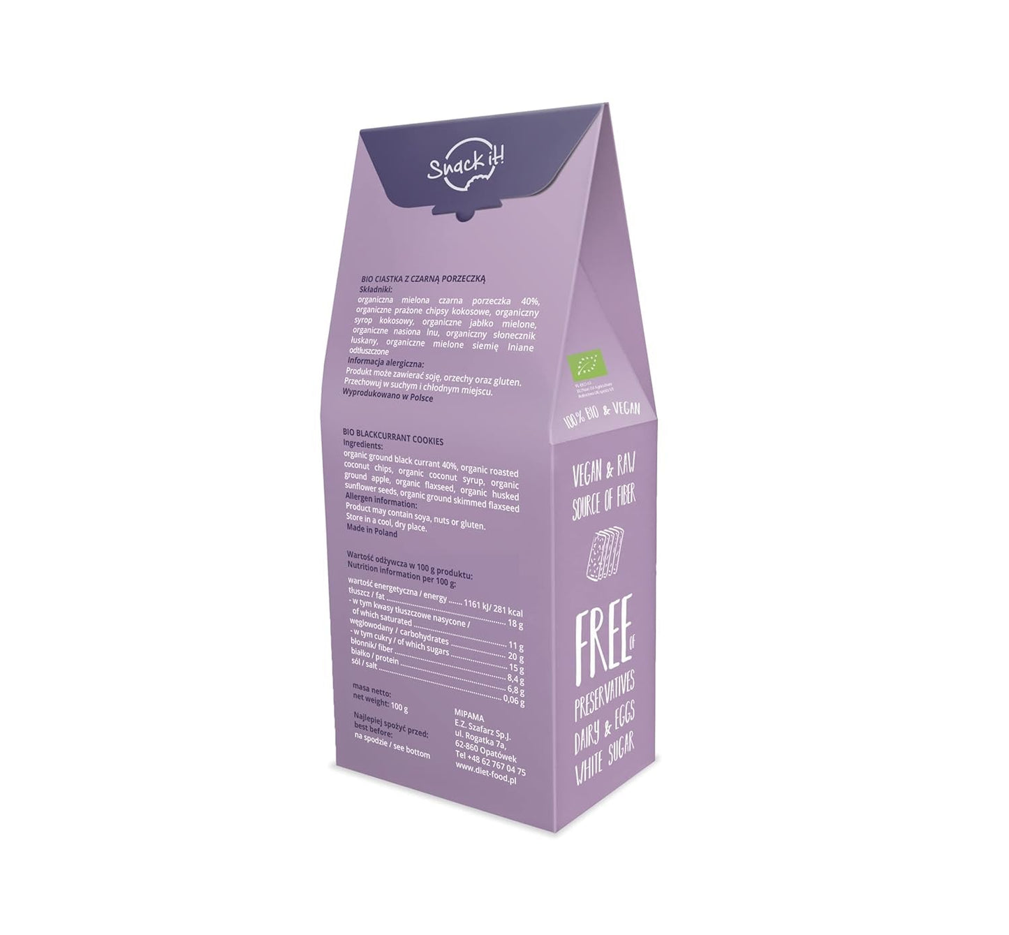 DIET-FOOD RAW Biscotti biologici al ribes nero Snack salutare Deliziosi biscotti da ufficio Senza conservanti 100 g (1 confezione)
