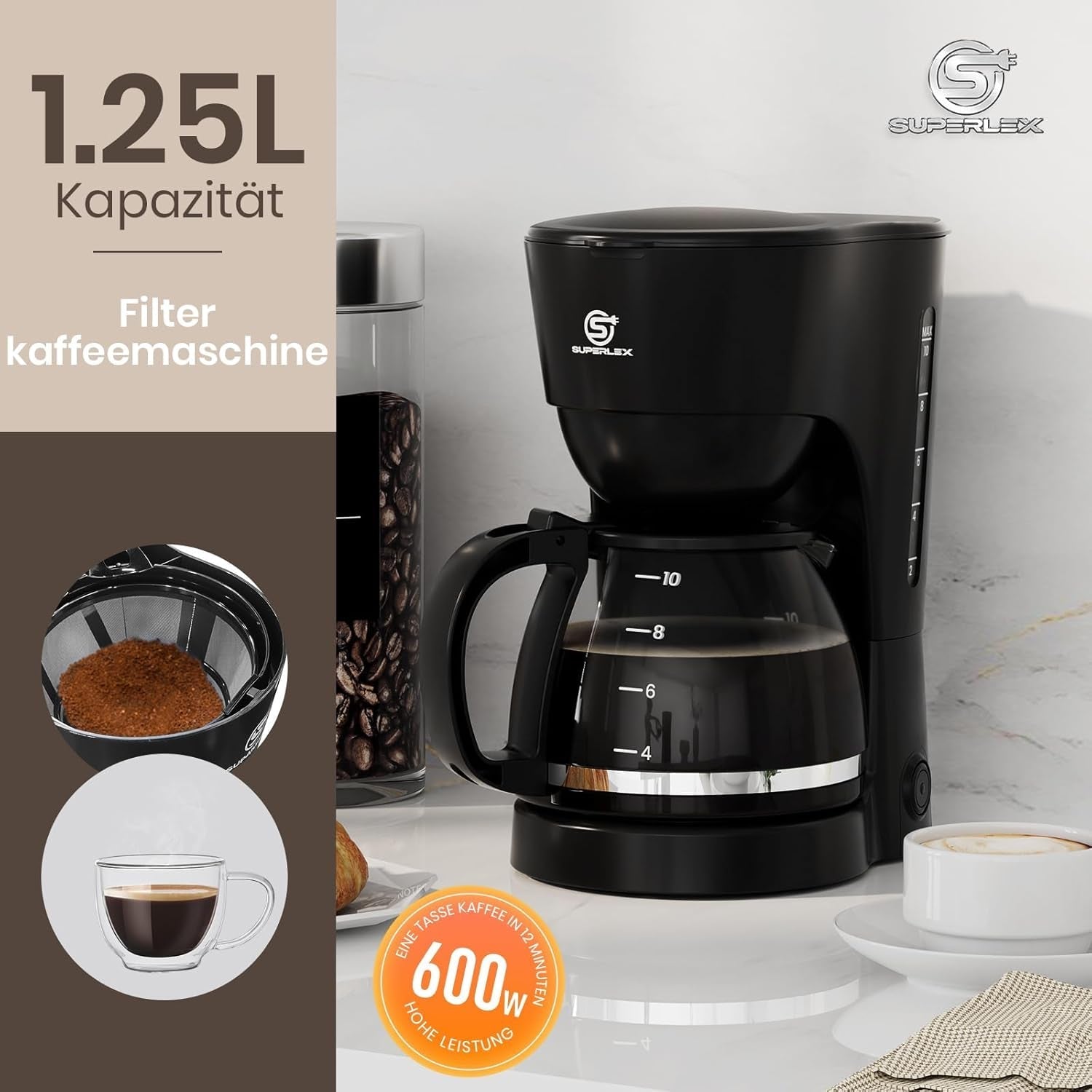Caffettiera con filtro da 1,25 l per 10 tazze di caffè con filtro, caraffa in vetro lavabile in lavastoviglie, thermos, sistema antigoccia, spegnimento automatico, 600 W, protezione contro l'ebollizione senza acqua per casa e ufficio