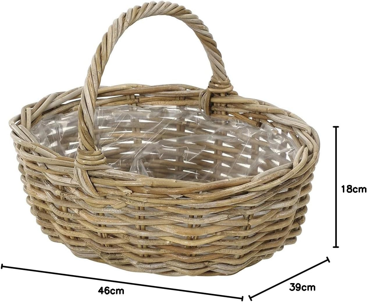 Cesto di fiori Dehner in rattan con manico, ca. 46 x 39 x 18 cm, tessuto in rattan, grigio/marrone