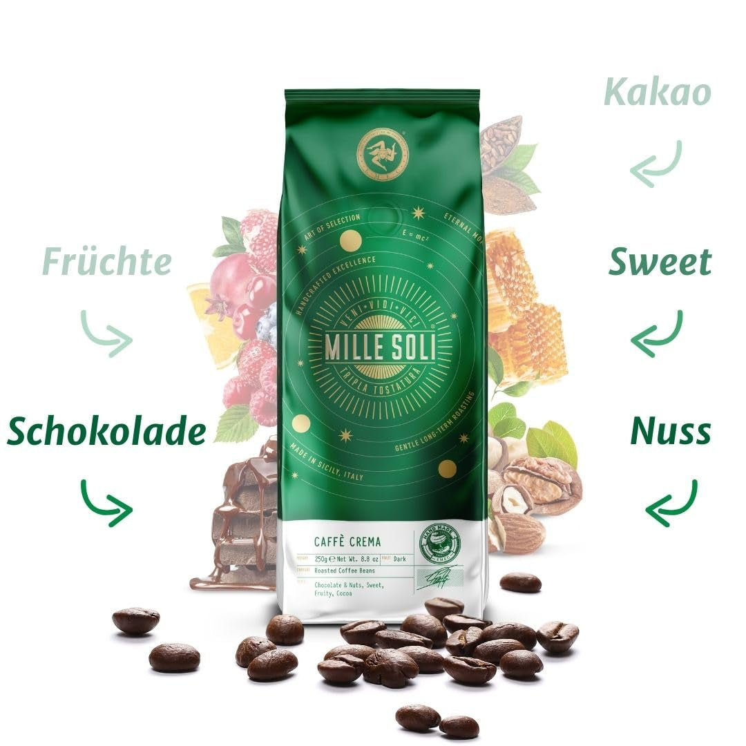Caffè Crema - Chicchi di caffè tostati in Sicilia - Tradizionale processo di tostatura lunga con crema perfetta, sacchetto da 250 g, acidità bassissima per macchine completamente automatiche e portafiltro